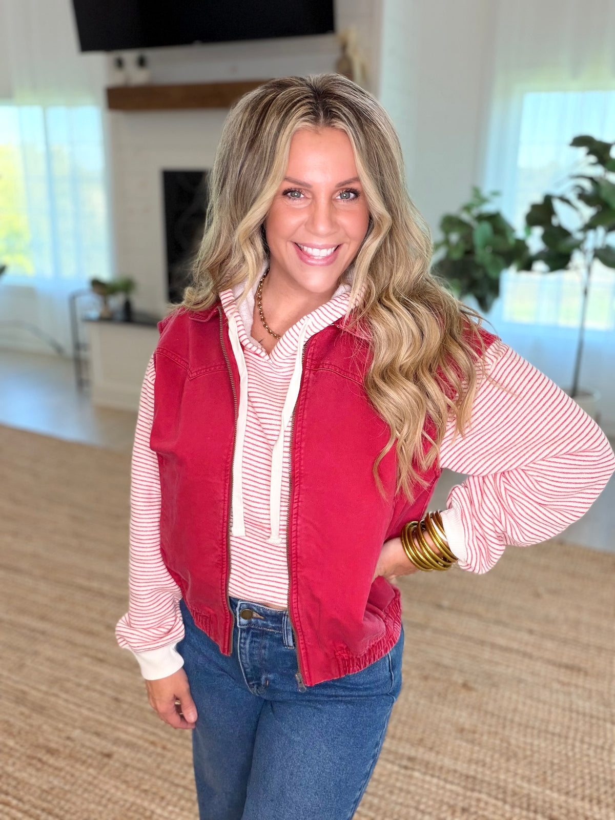 Dark Red Denim Mineral Wash Sleeveless Zip-Up Collar Vest