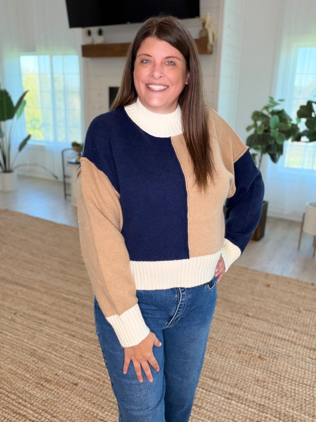 Navy Color Block Mock Neck Sweater