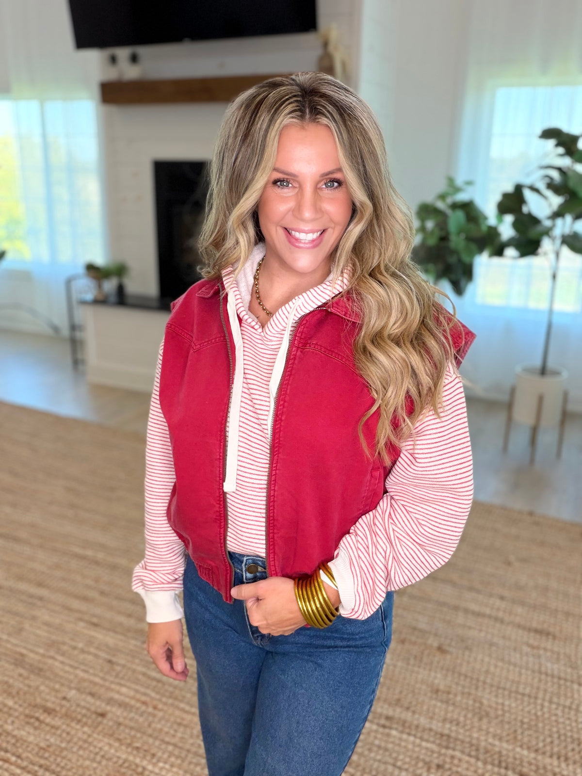 Dark Red Denim Mineral Wash Sleeveless Zip-Up Collar Vest