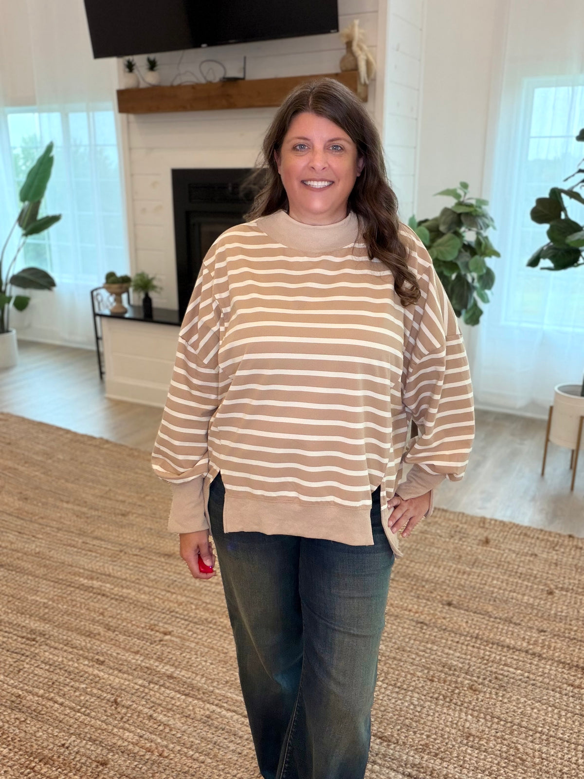Taupe and Cream Striped Mock Neck Top