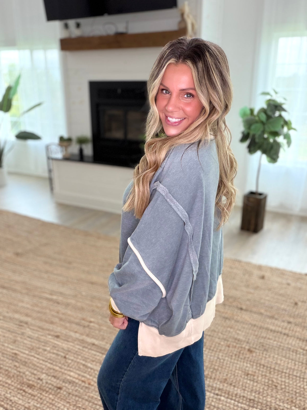 Ash Jade Fleece Acid Washed Contrast Trim Balloon Sleeve Sweatshirt
