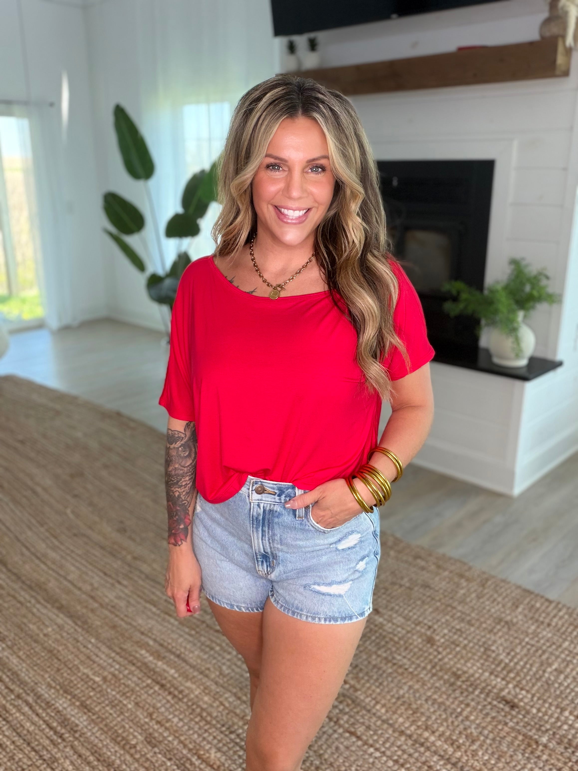 Red Viscose Modal Off Shoulder Shirt