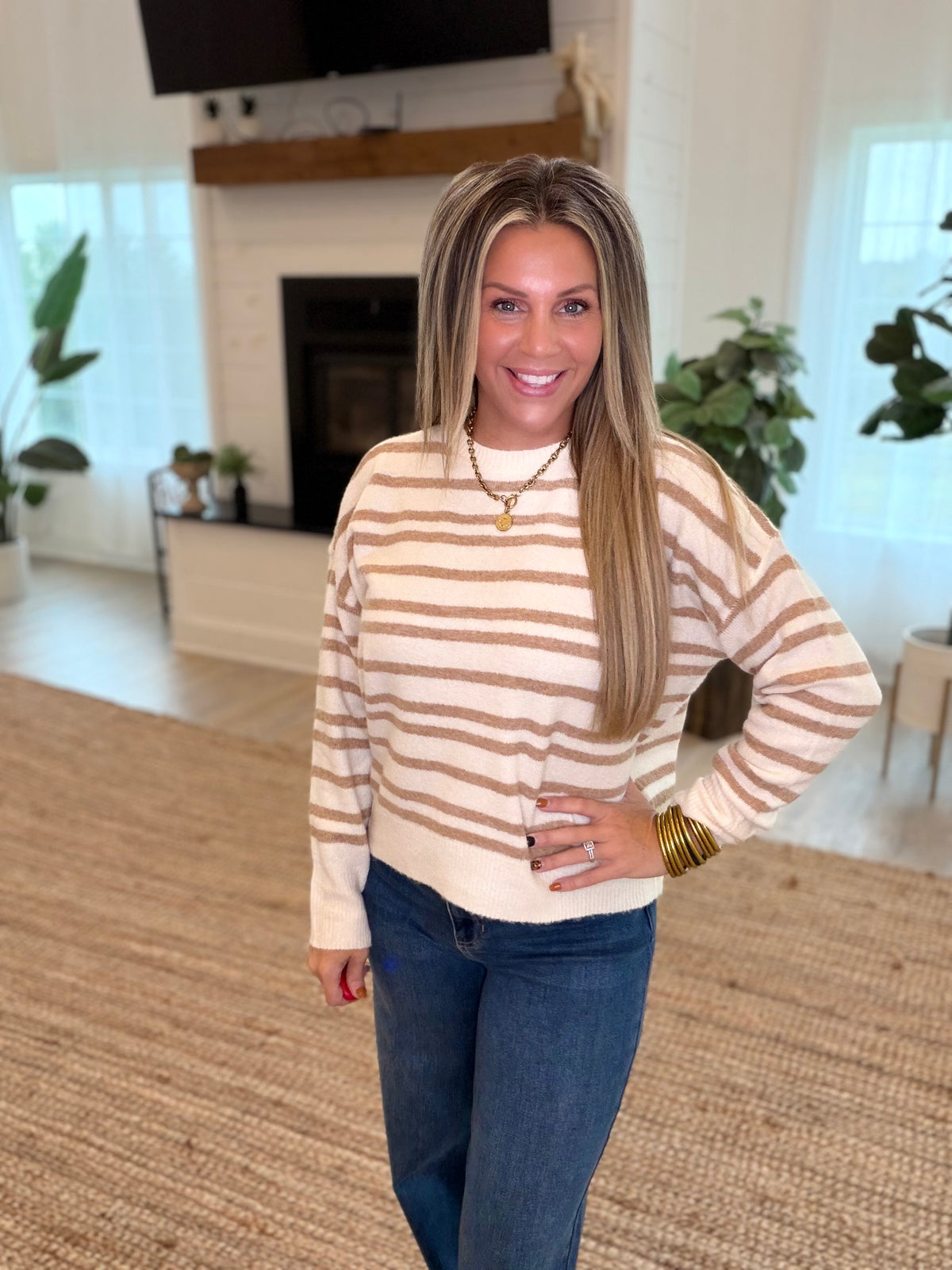 Taupe Striped Crew Neck Sweater