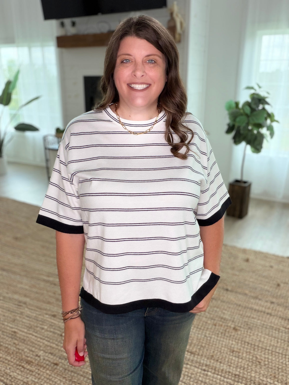 Black Viscose Stripe Short Lightweight Sleeve Sweater