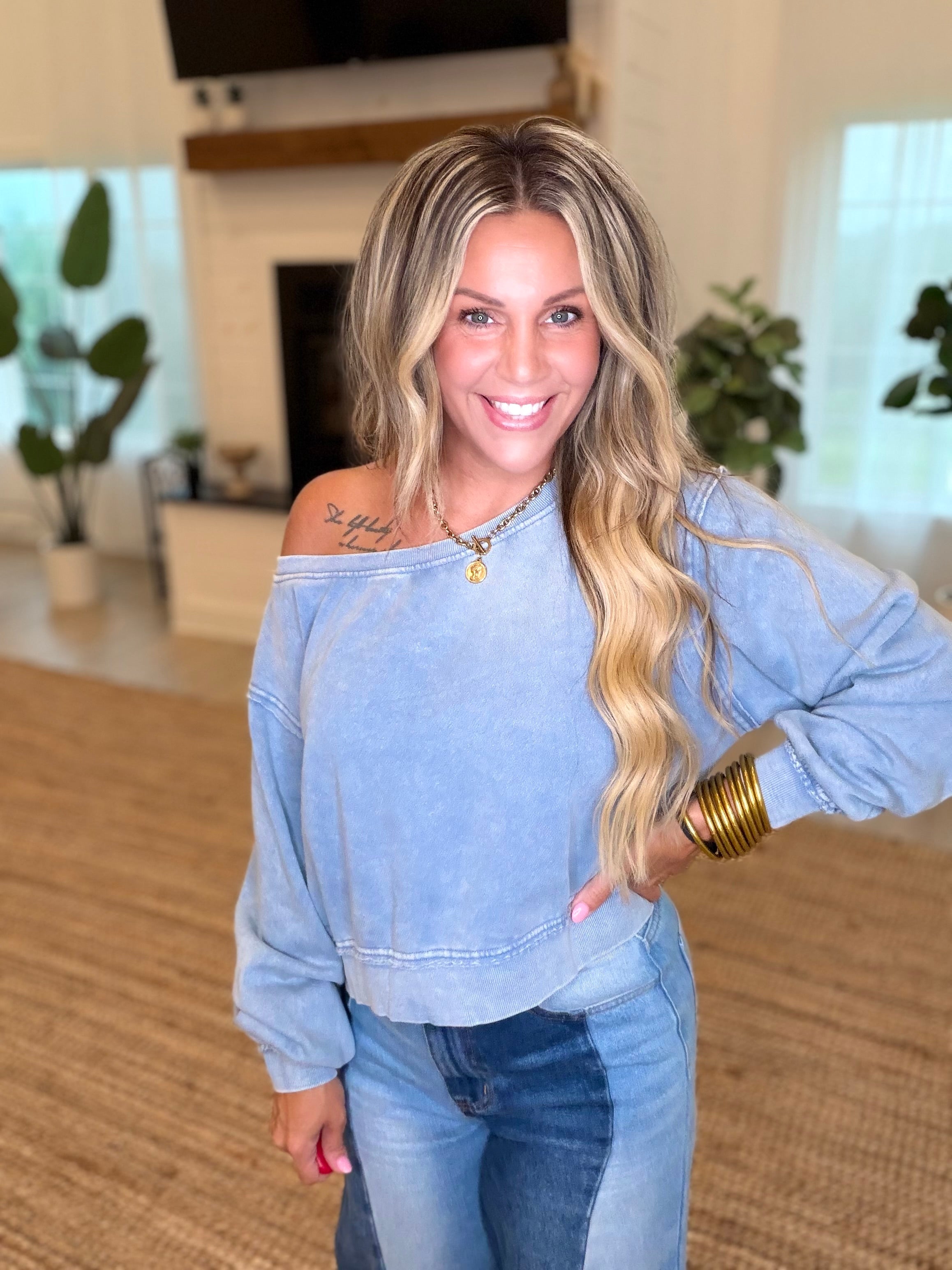 Dusty Blue Raw Edge Acid Wash Off The Shoulder Sweatshirt