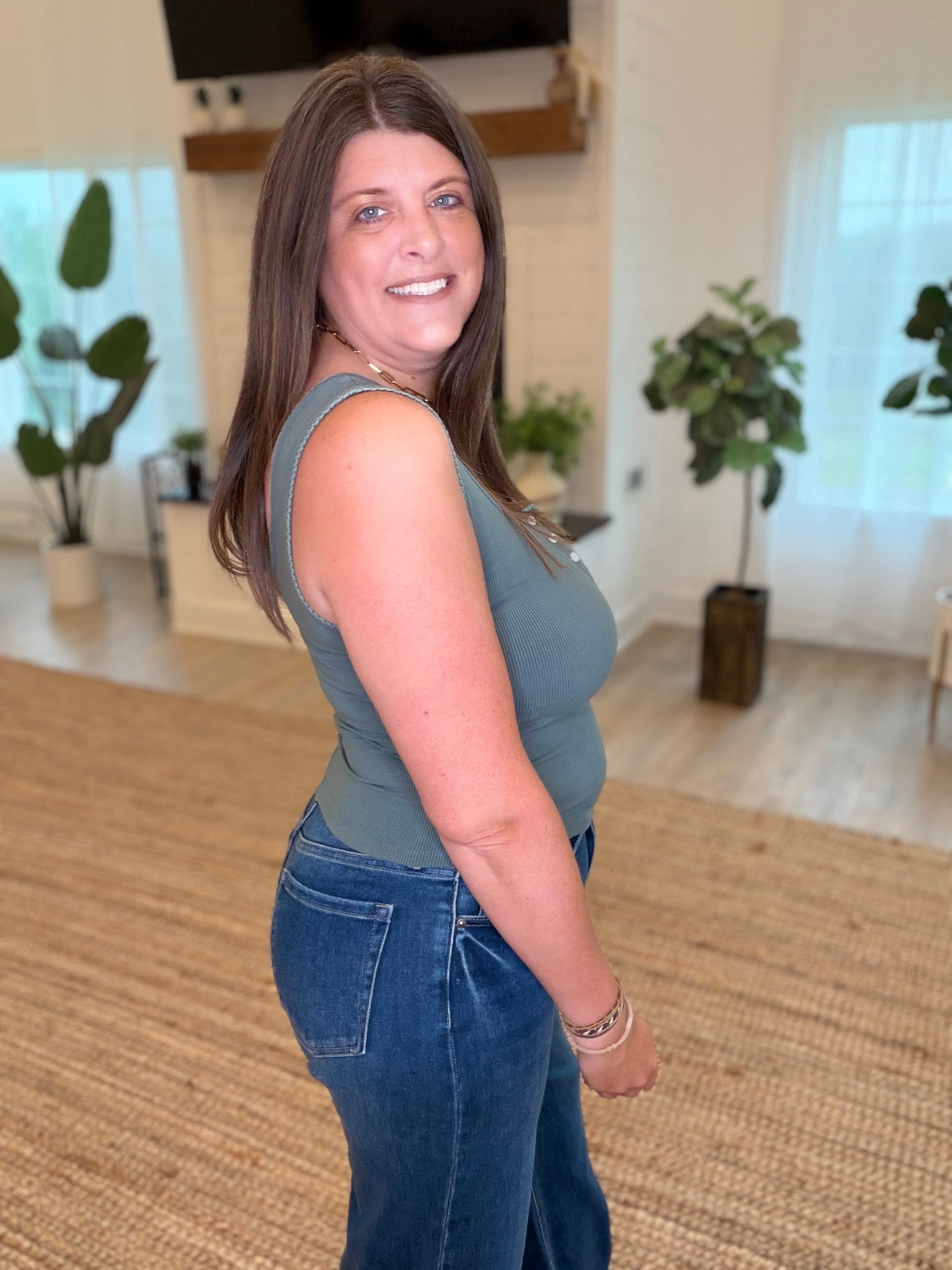 Smokey Olive Ribbed Scoop Neck Button Front Tank Top