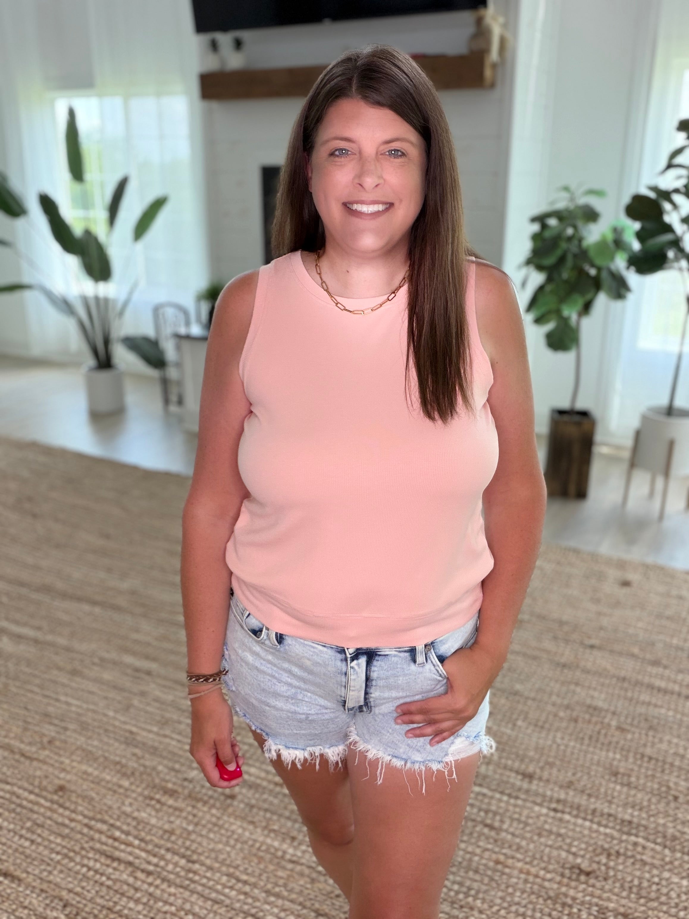 Peach Ribbed Viscose Crew Neck Loose Fit Tank