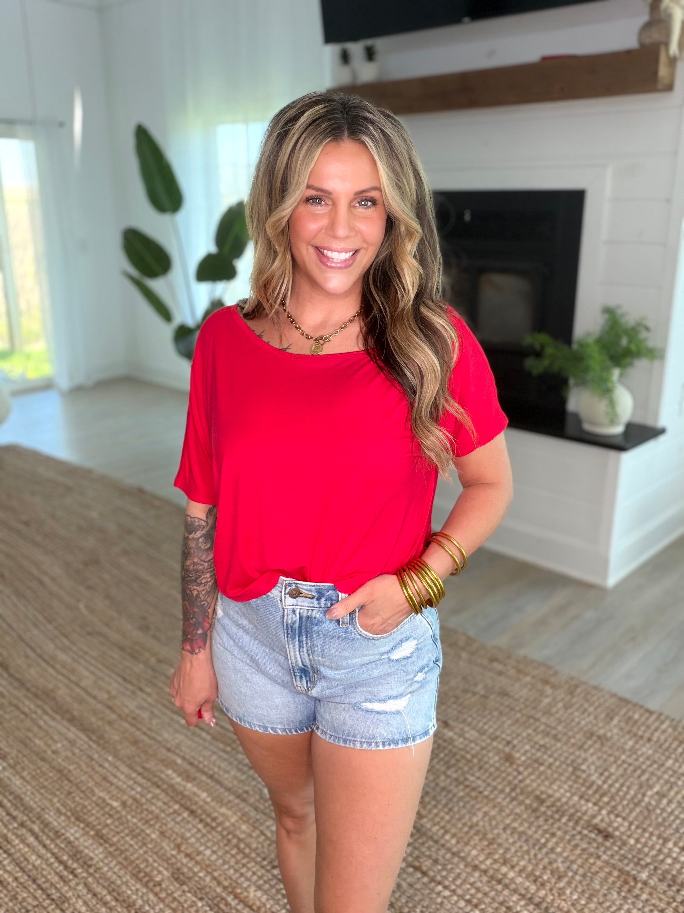 Red Viscose Modal Off Shoulder Shirt