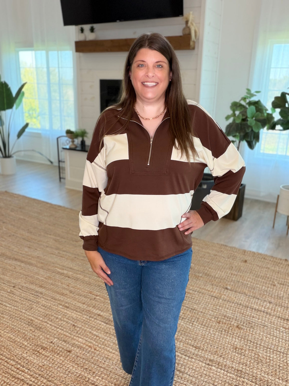 Brown Wide Stripe Half Zip Top