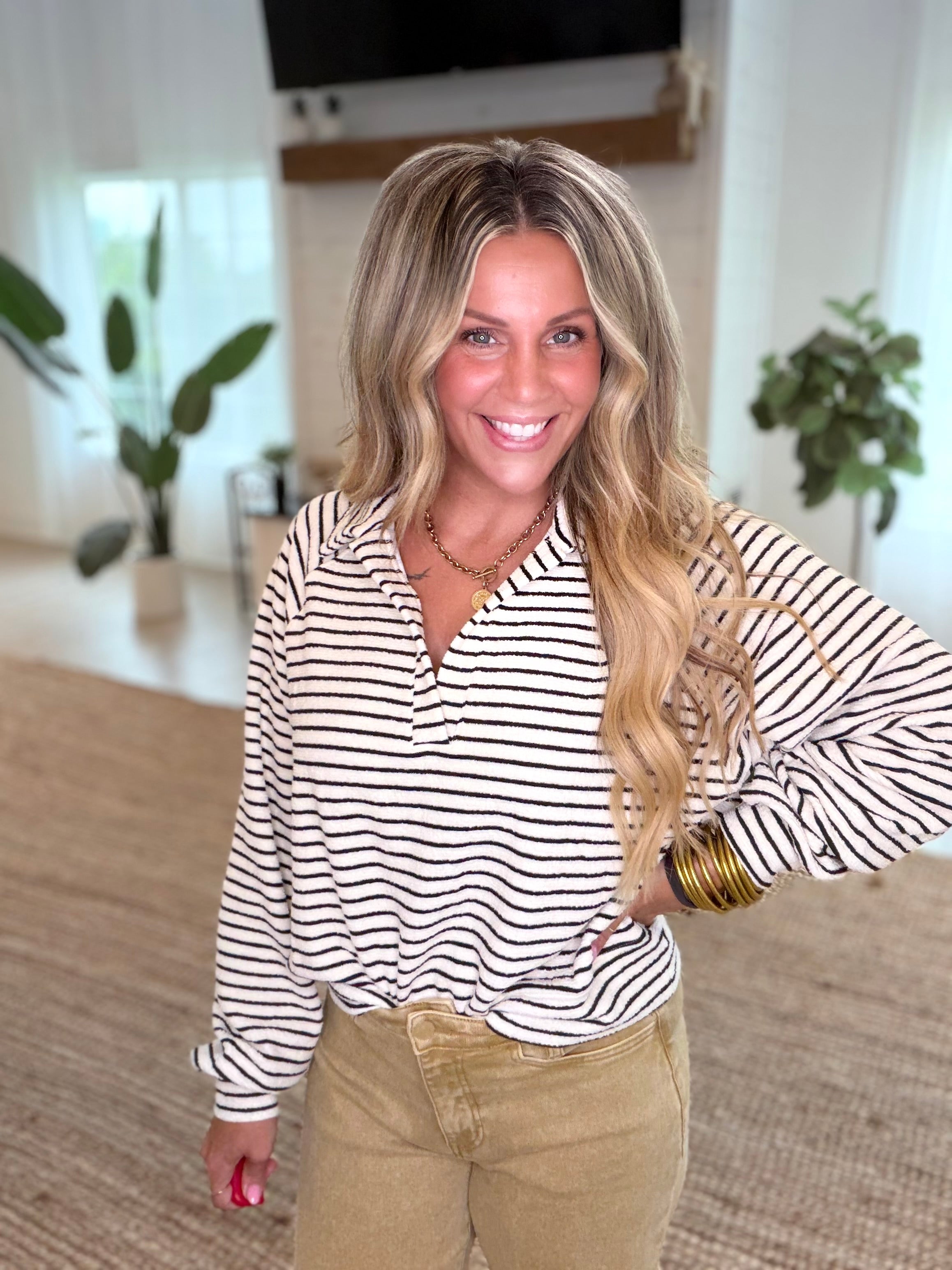 Ivory Striped Collared Top