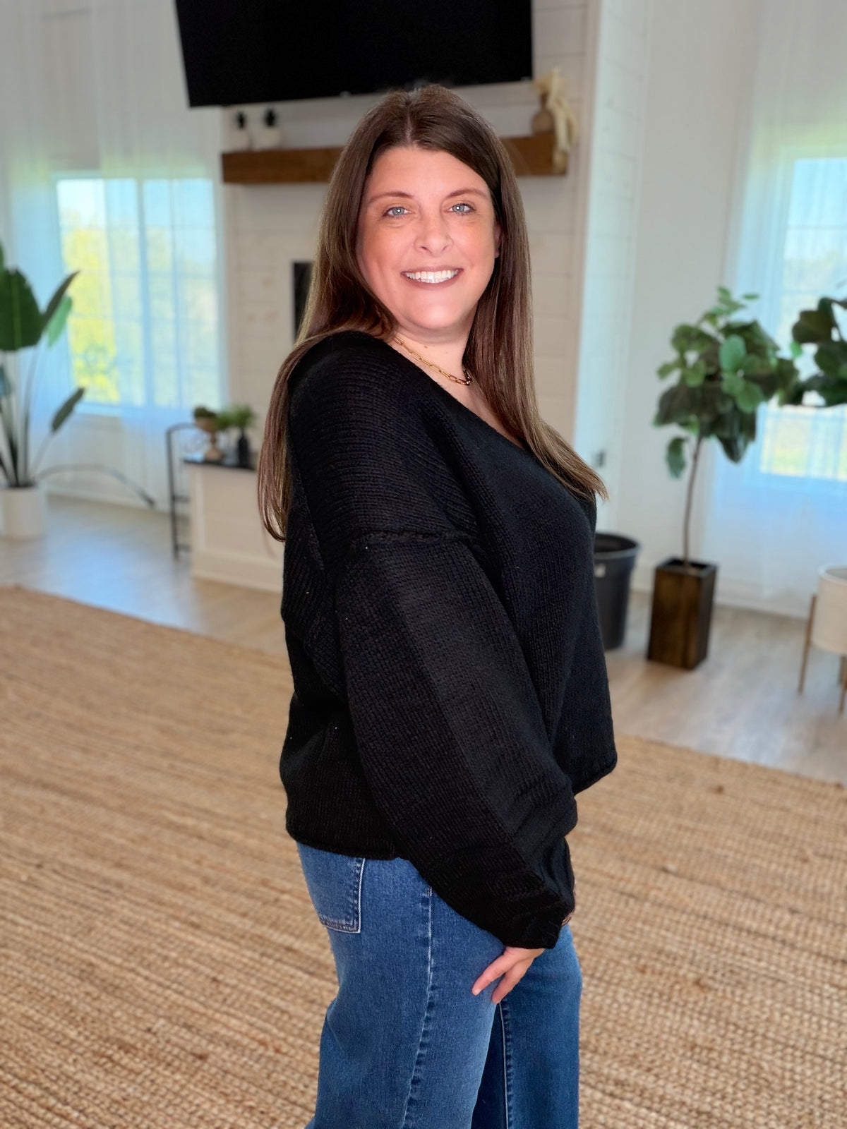 Black V Neck Balloon Sleeve Sweater