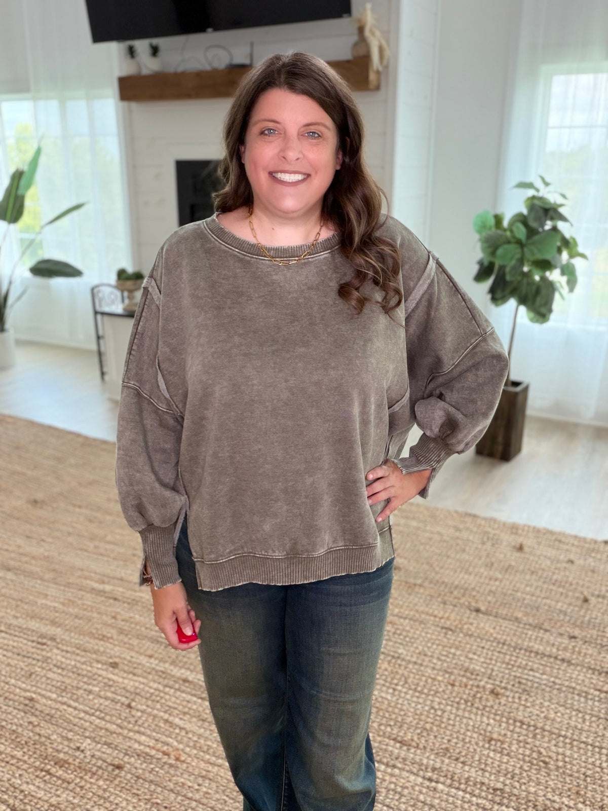 Dark Olive Acid Washed Batwing Sleeve Hi-Low Fleece Sweatshirt