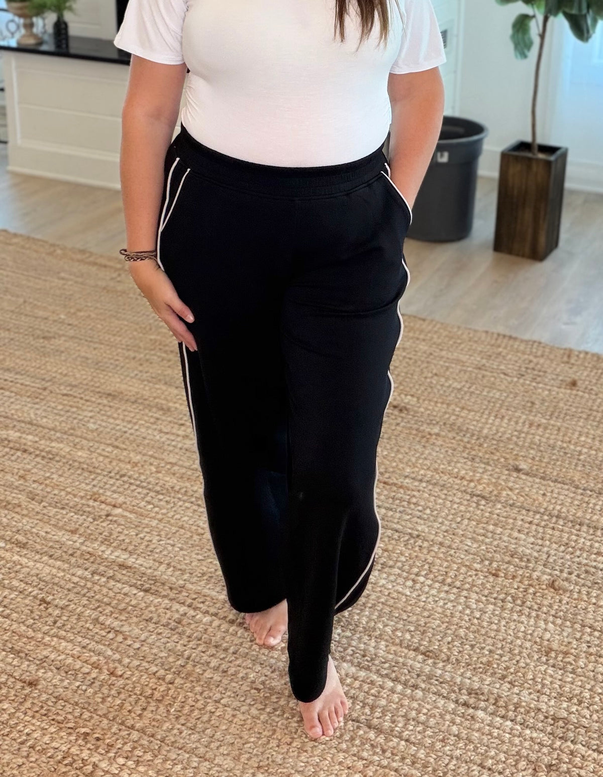 Black and Cream Modal Scuba Luxe Piping Baggy Pants