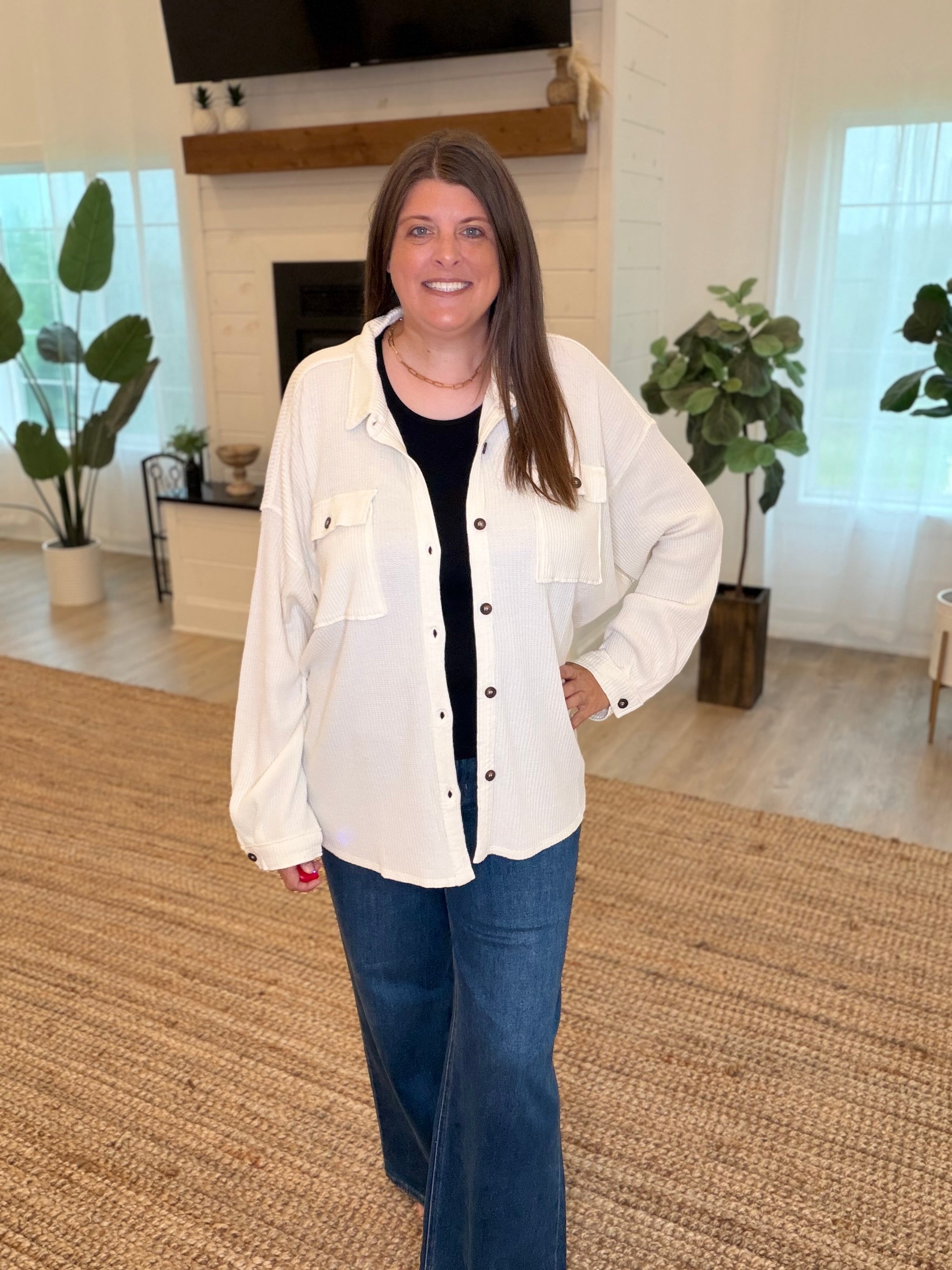 Cream Mineral Wash Waffle Knit Button-Up Shacket
