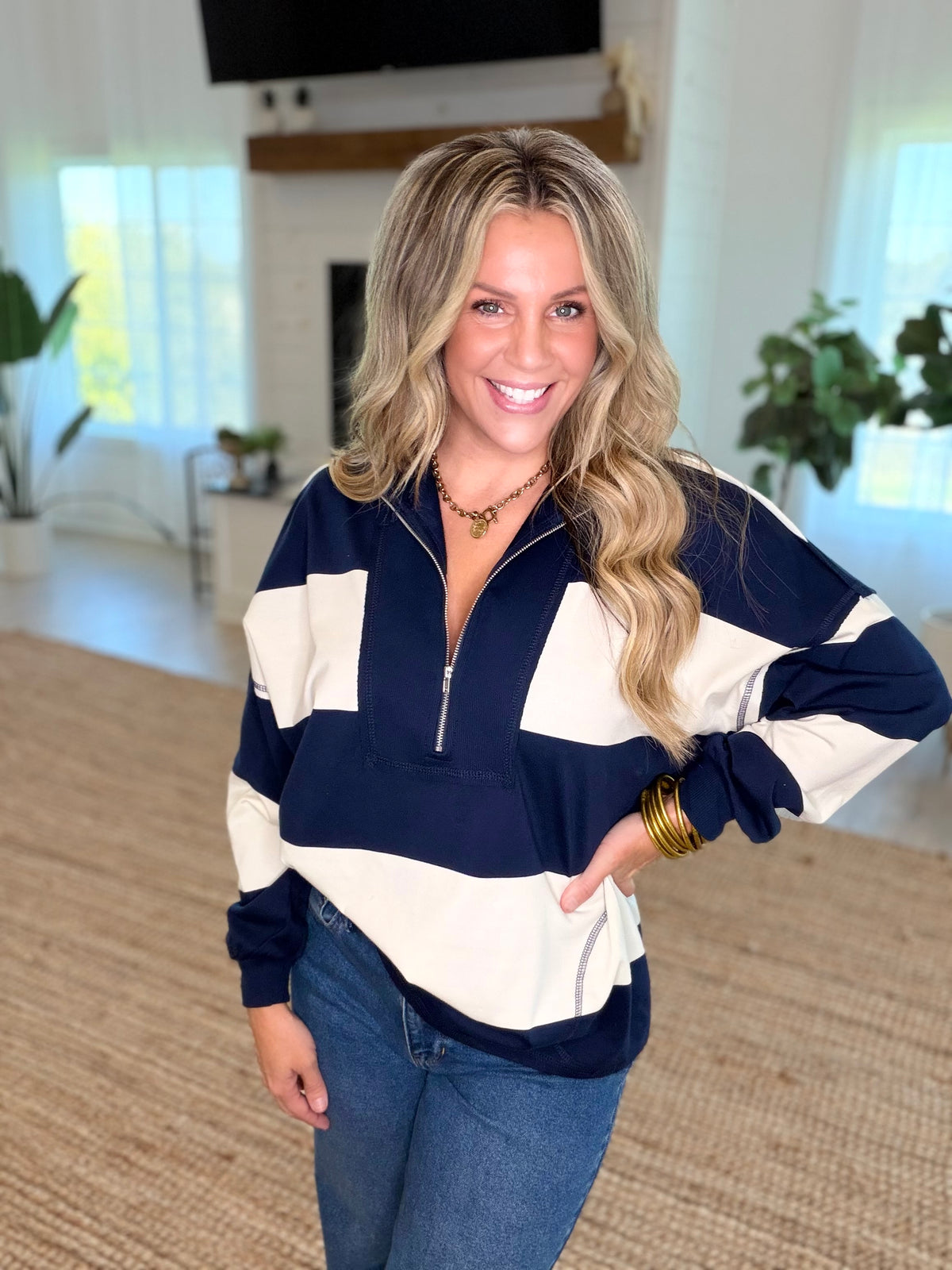 Navy Wide Stripe Half Zip Top