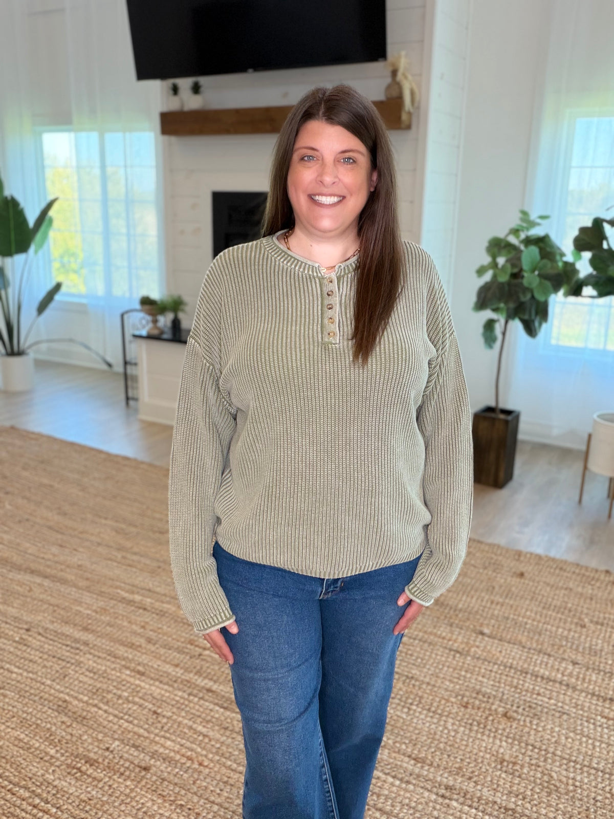 Light Olive Washed Ribbed Henley Drop Shoulder Sweater