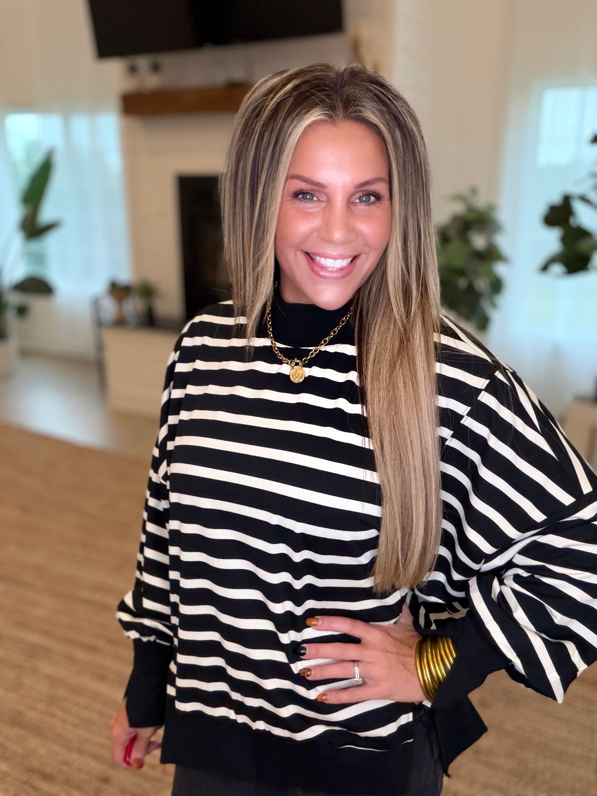 Black and Cream Striped Mock Neck Top