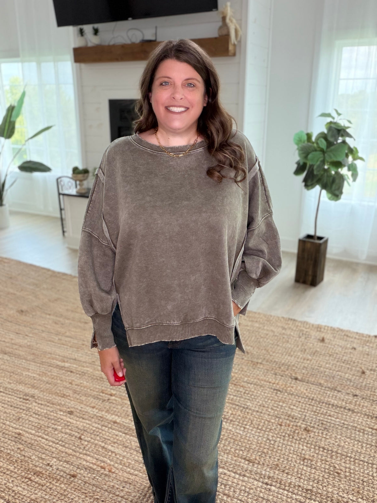 Dark Olive Acid Washed Batwing Sleeve Hi-Low Fleece Sweatshirt