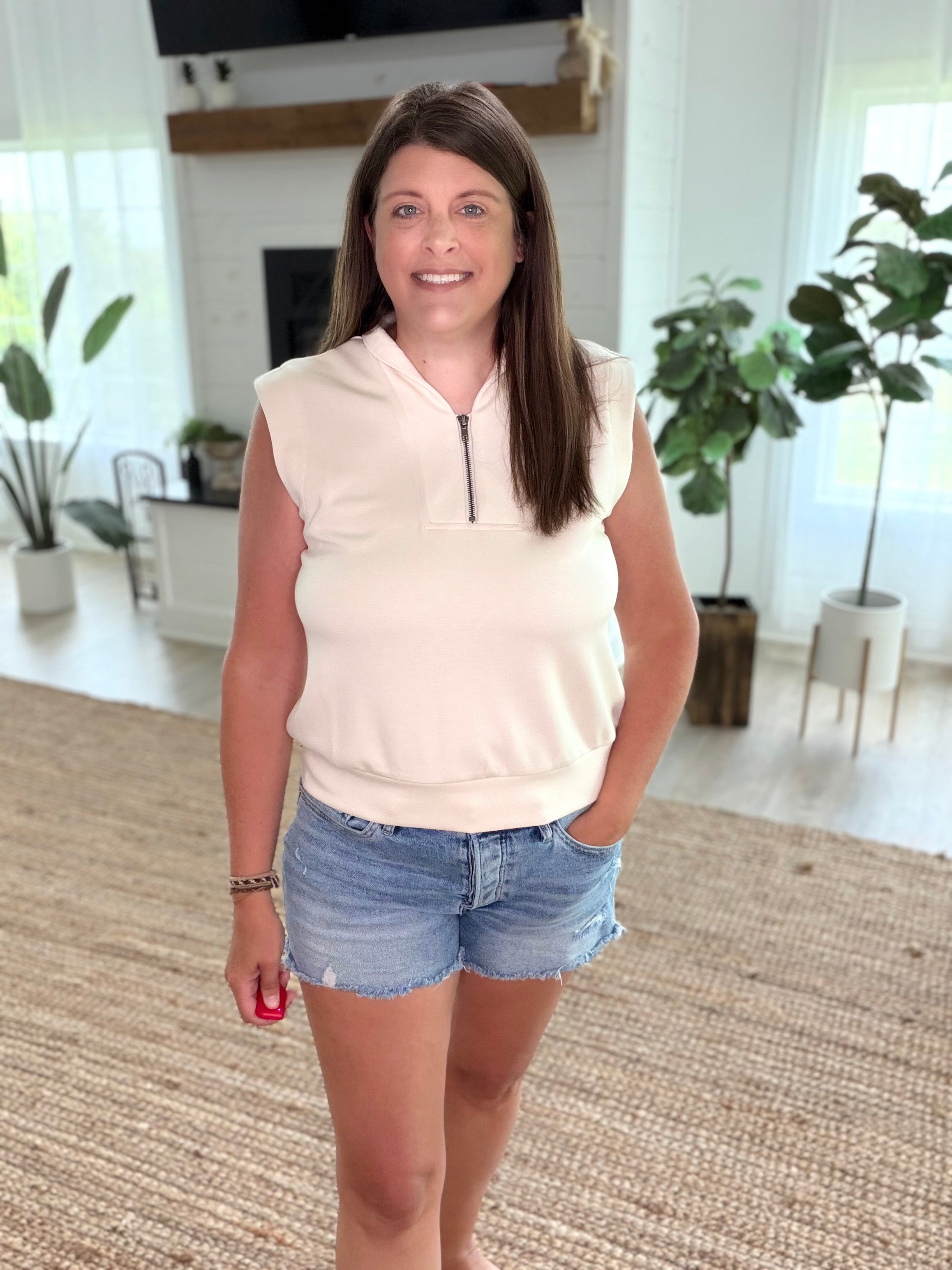Ecru Brushed Modal Half Zip Sleeveless Top