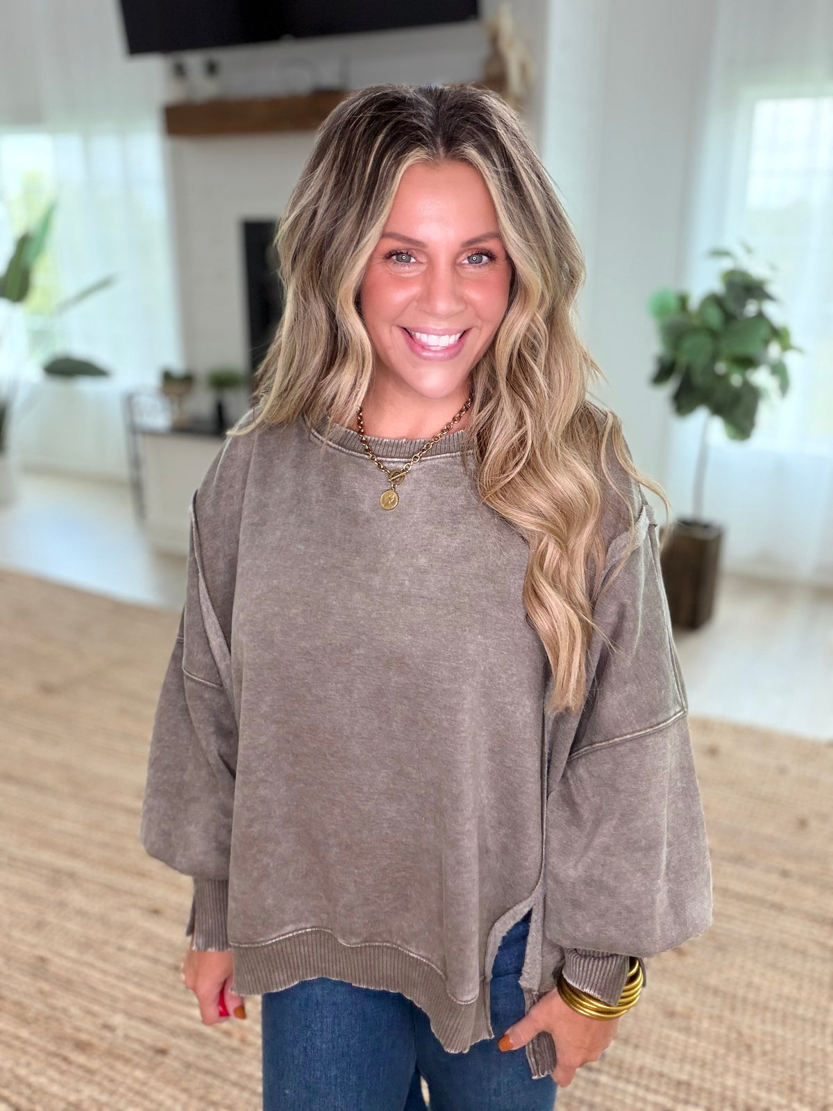 Dark Olive Acid Washed Batwing Sleeve Hi-Low Fleece Sweatshirt