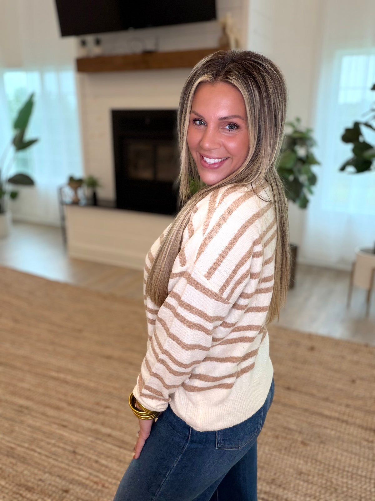Taupe Striped Crew Neck Sweater