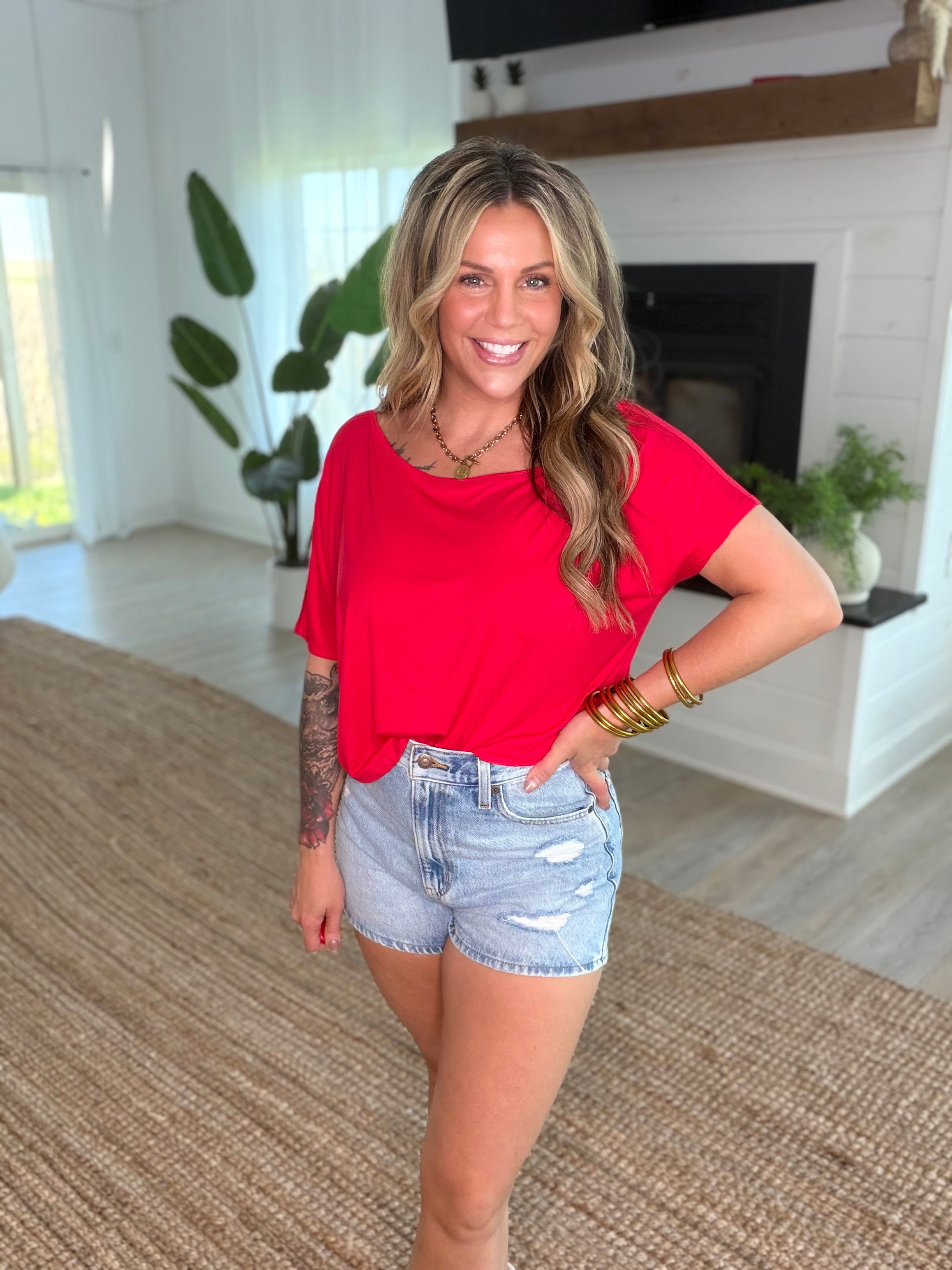 Red Viscose Modal Off Shoulder Shirt