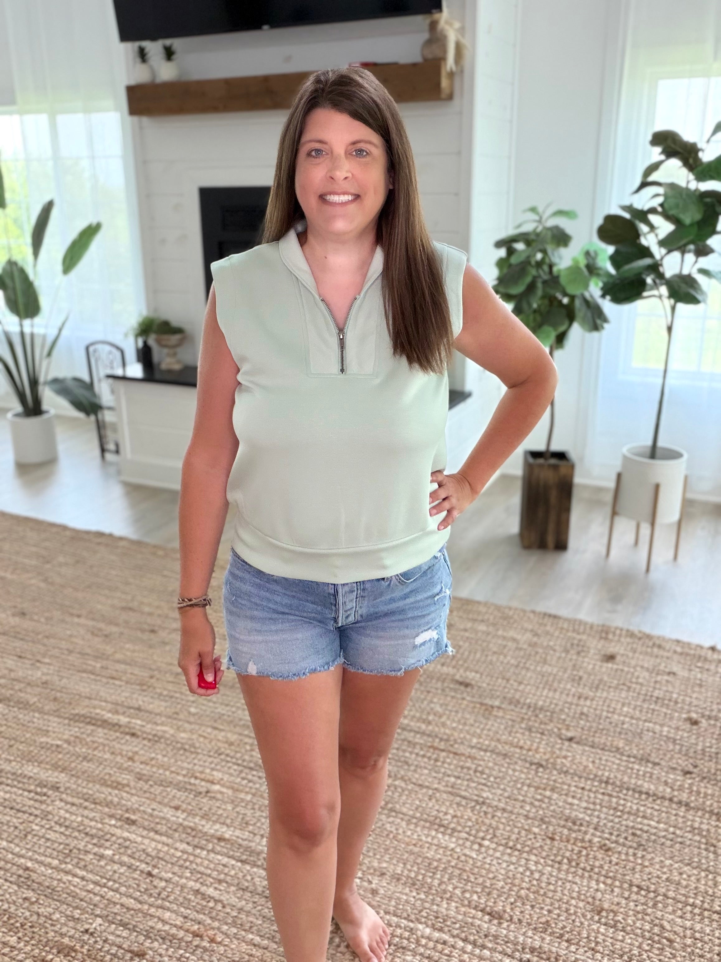 Sage Brushed Modal Half Zip Sleeveless Top