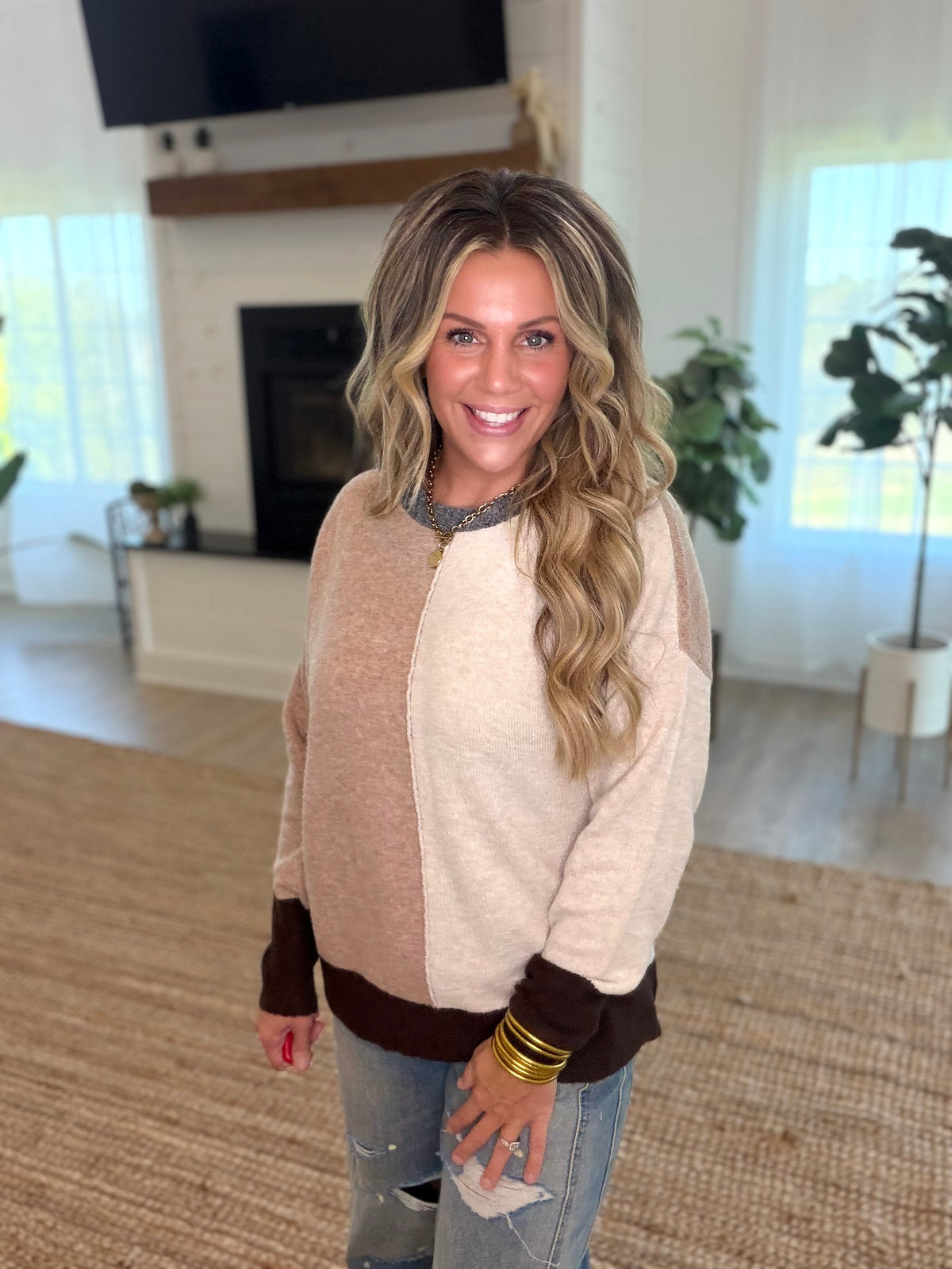 Brown Colorblock Crew Neck Sweater