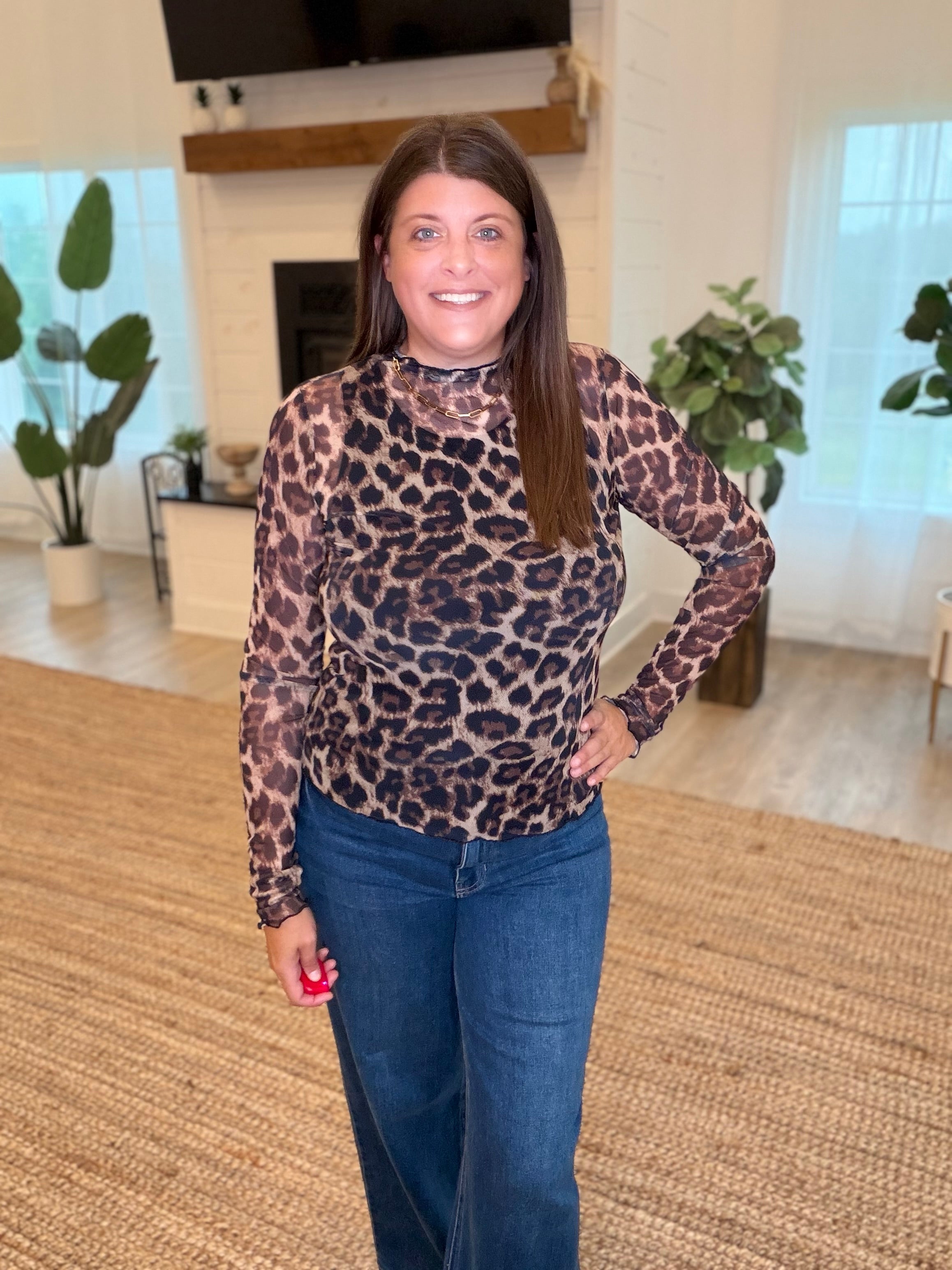 Mesh Leopard Print Long Sleeve Top