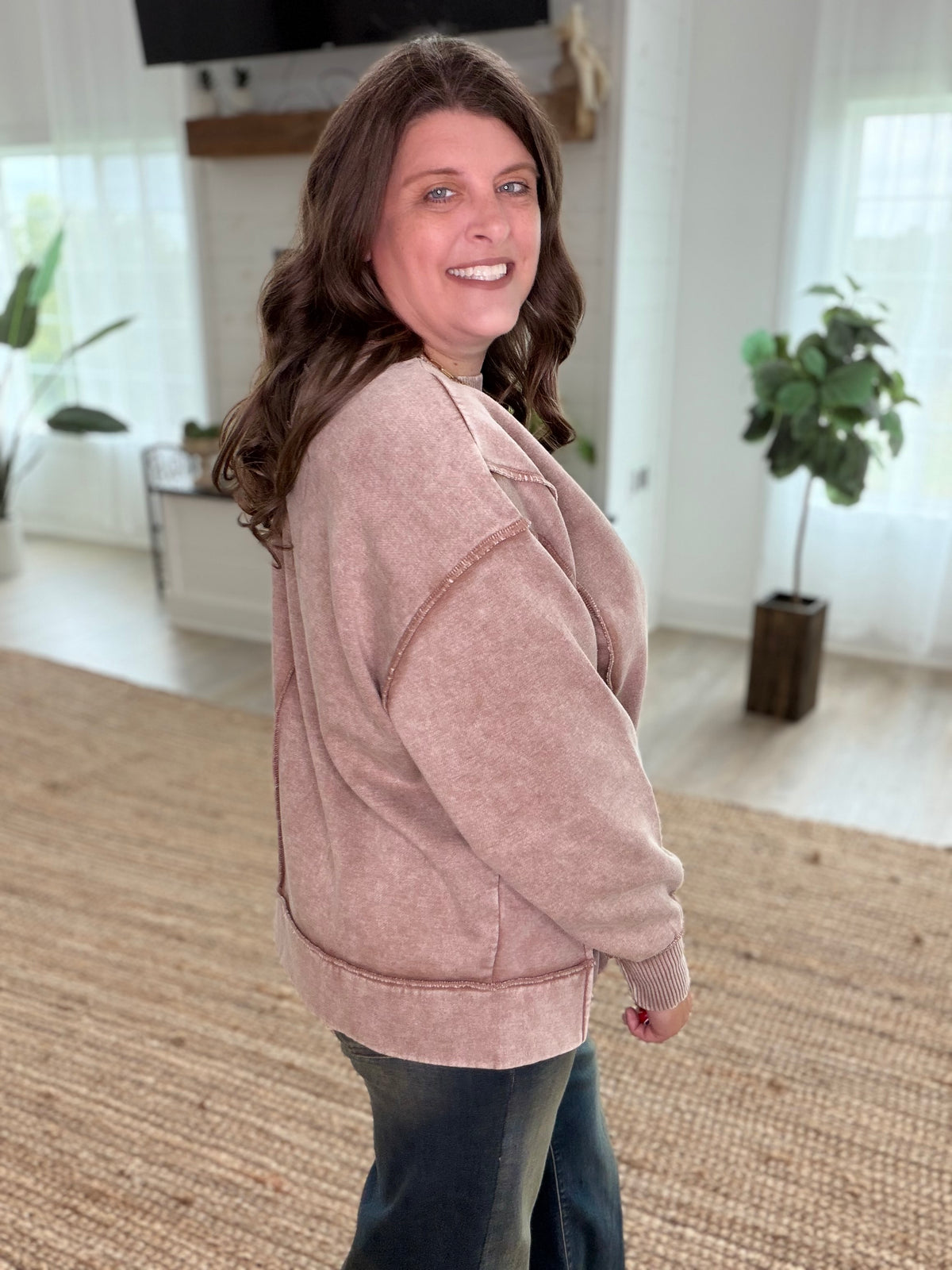 Mocha Fudge Acid Wash Exposed-Seam Fleece Sweatshirt