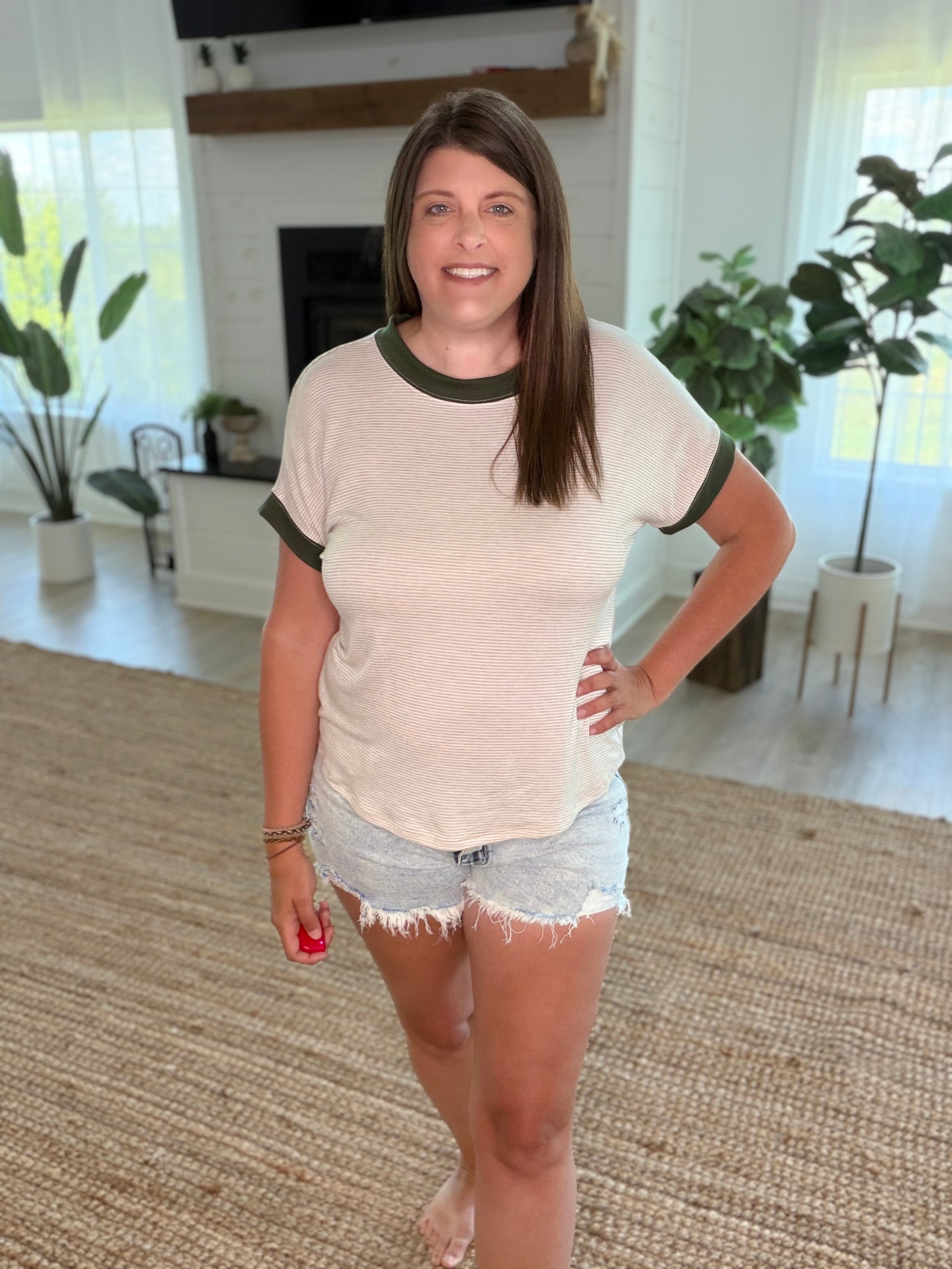 Oatmeal Ivory Striped Tee with Olive Trim