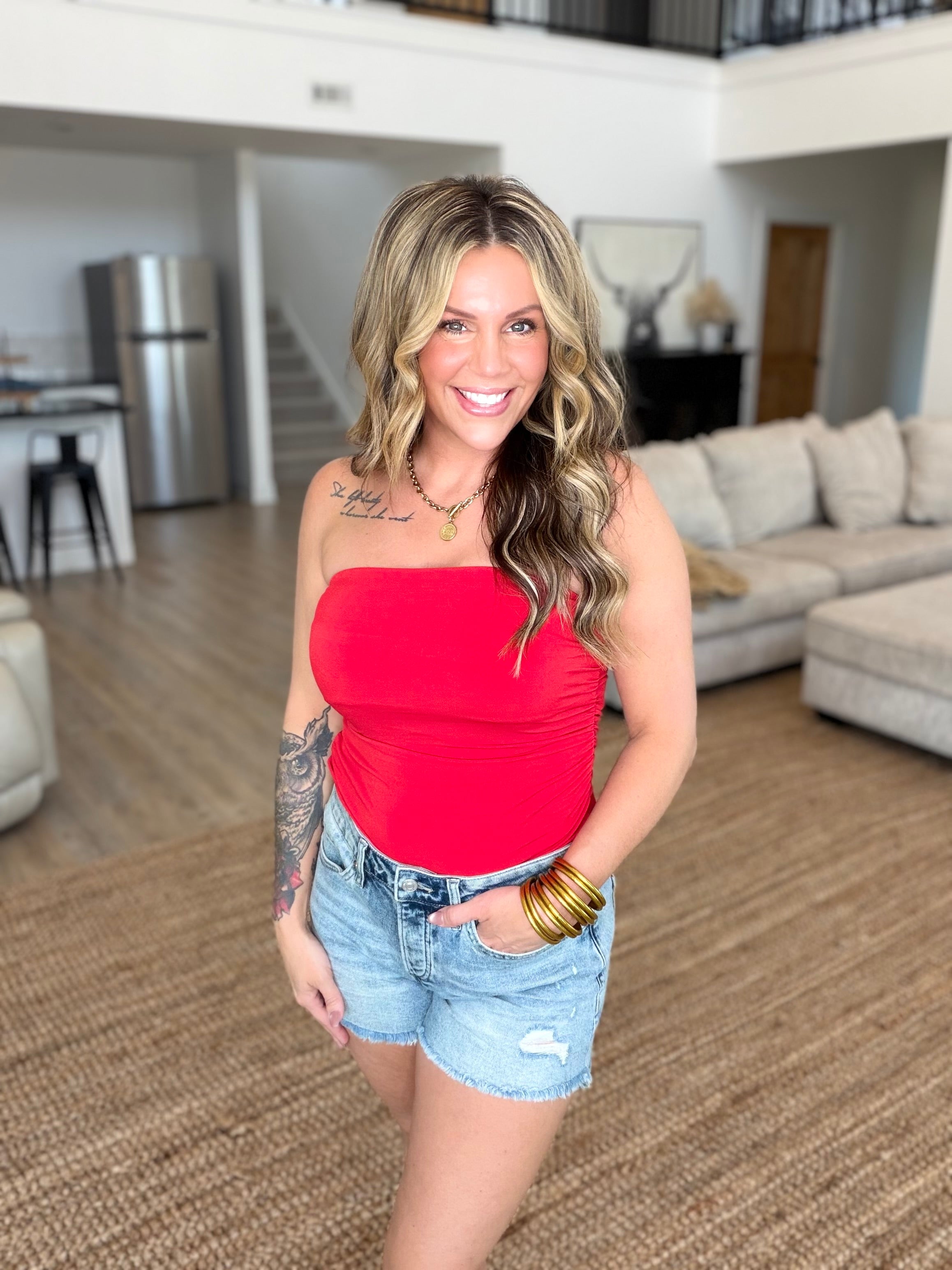 Red Ruched Bandeau Top