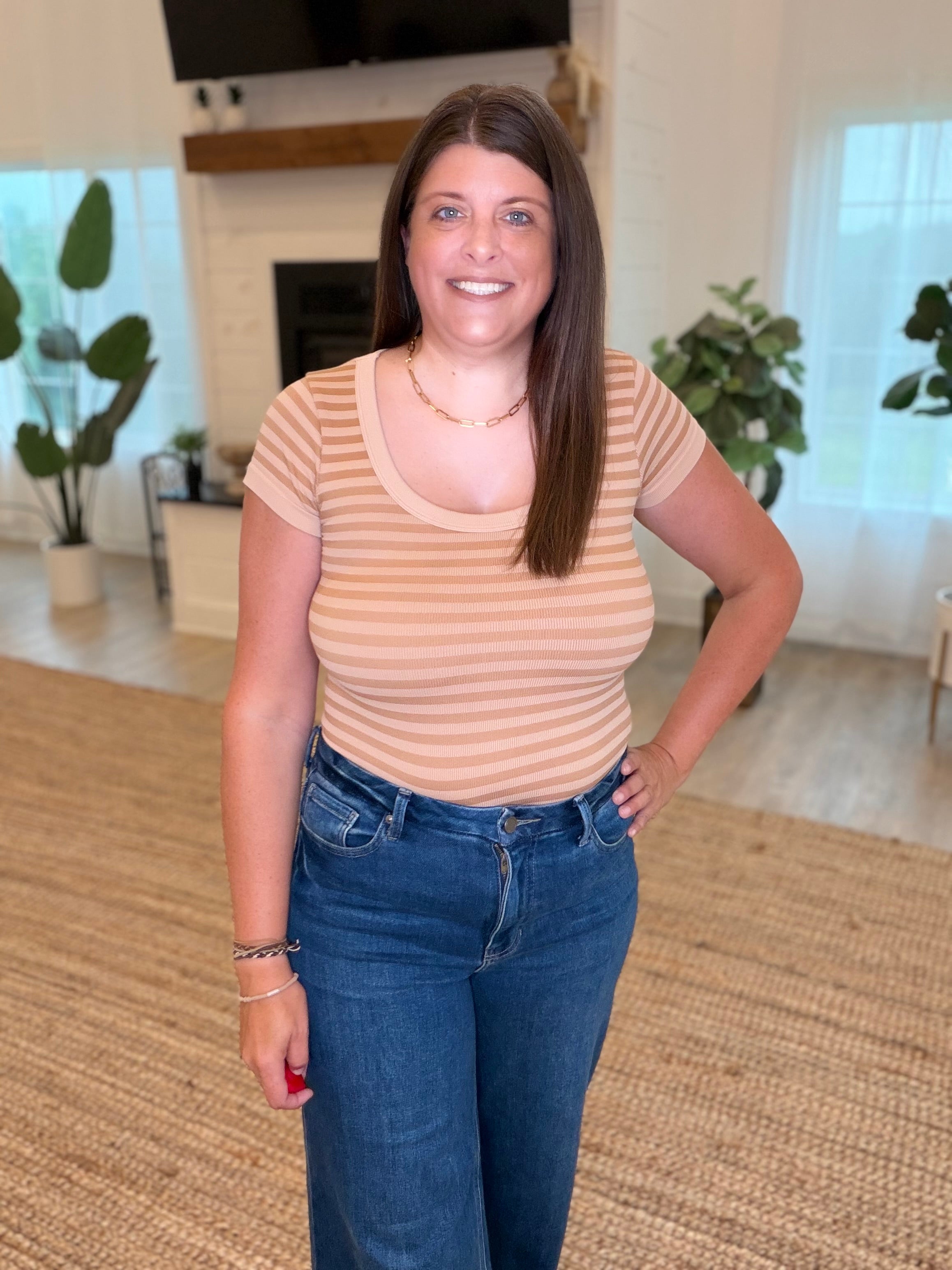 Nikibiki Milk Tea Striped Scoop Neck Top