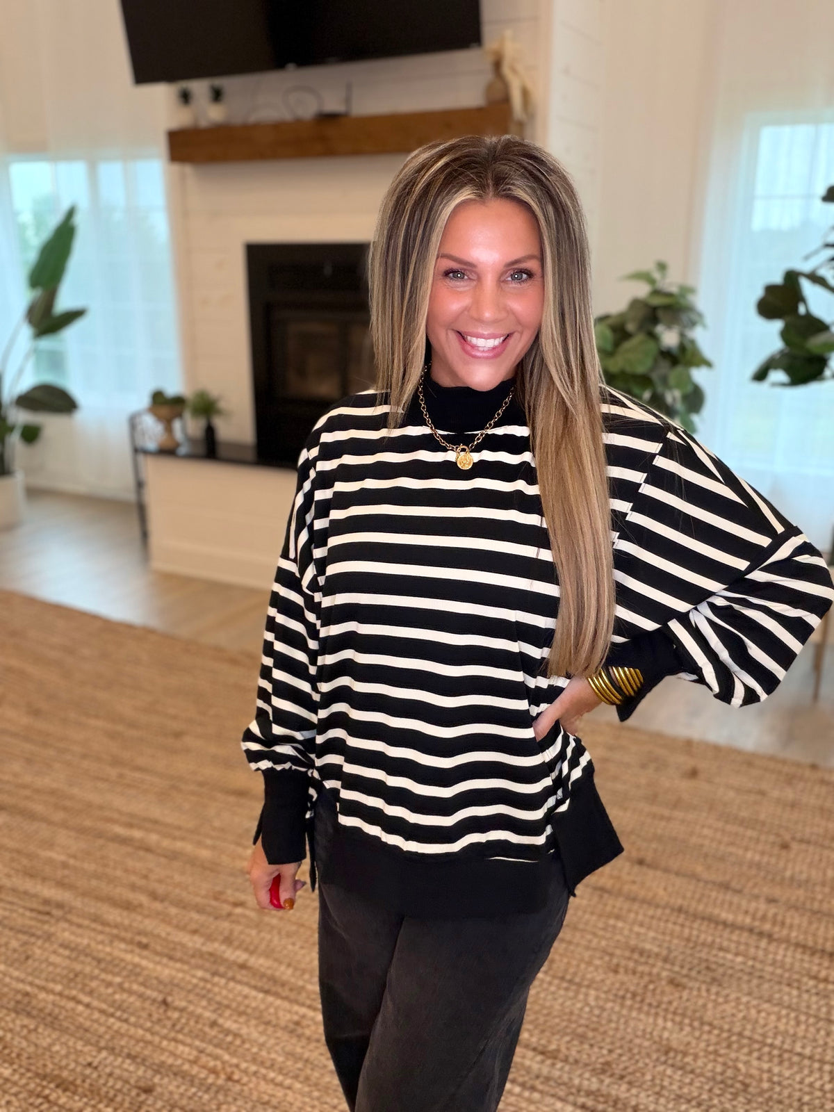 Black and Cream Striped Mock Neck Top