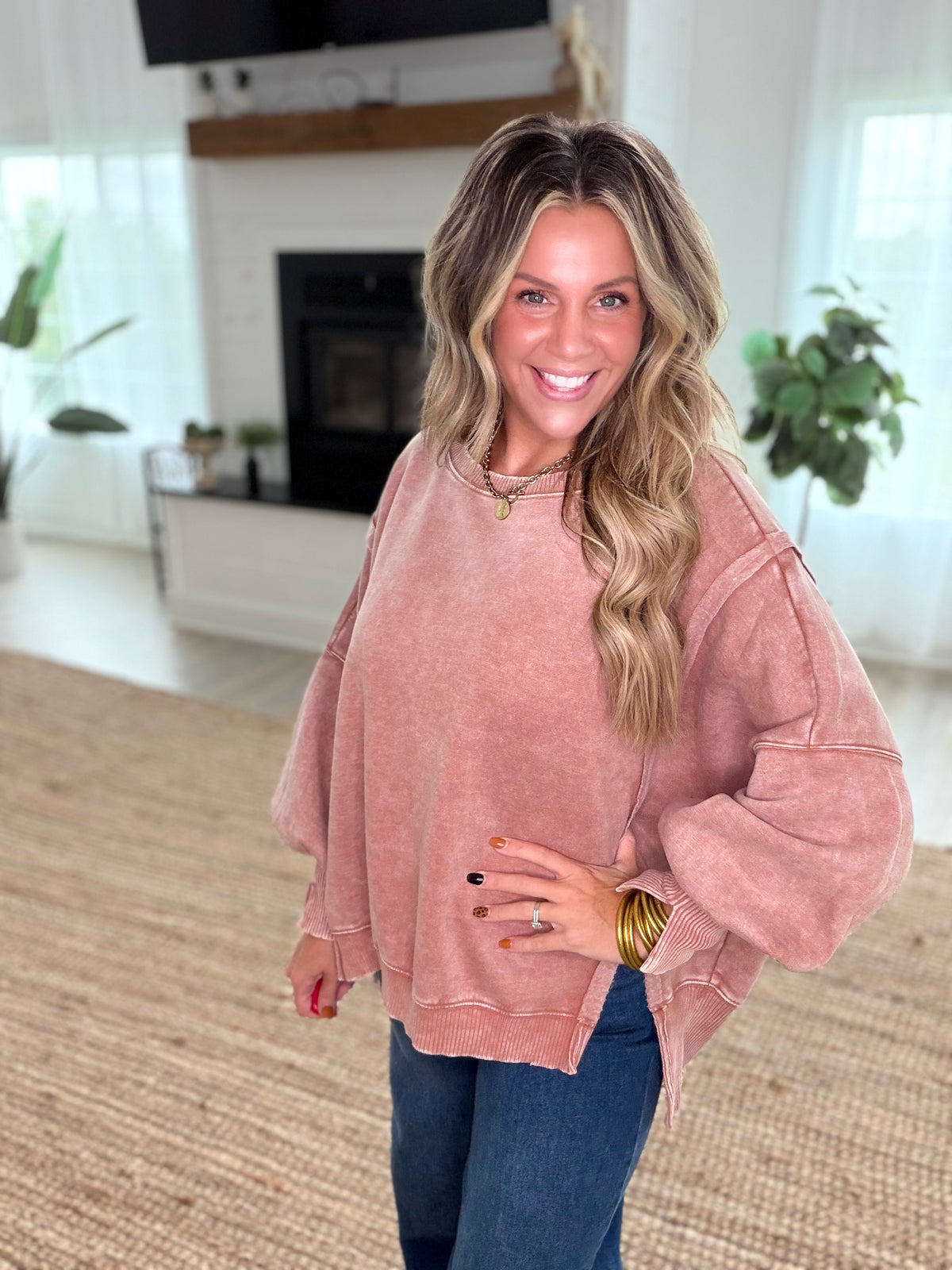 Rust Acid Washed Batwing Sleeve Hi-Low Fleece Sweatshirt