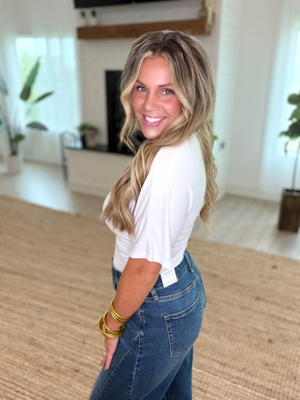 White Ruched Waist Dolman Sleeve Top