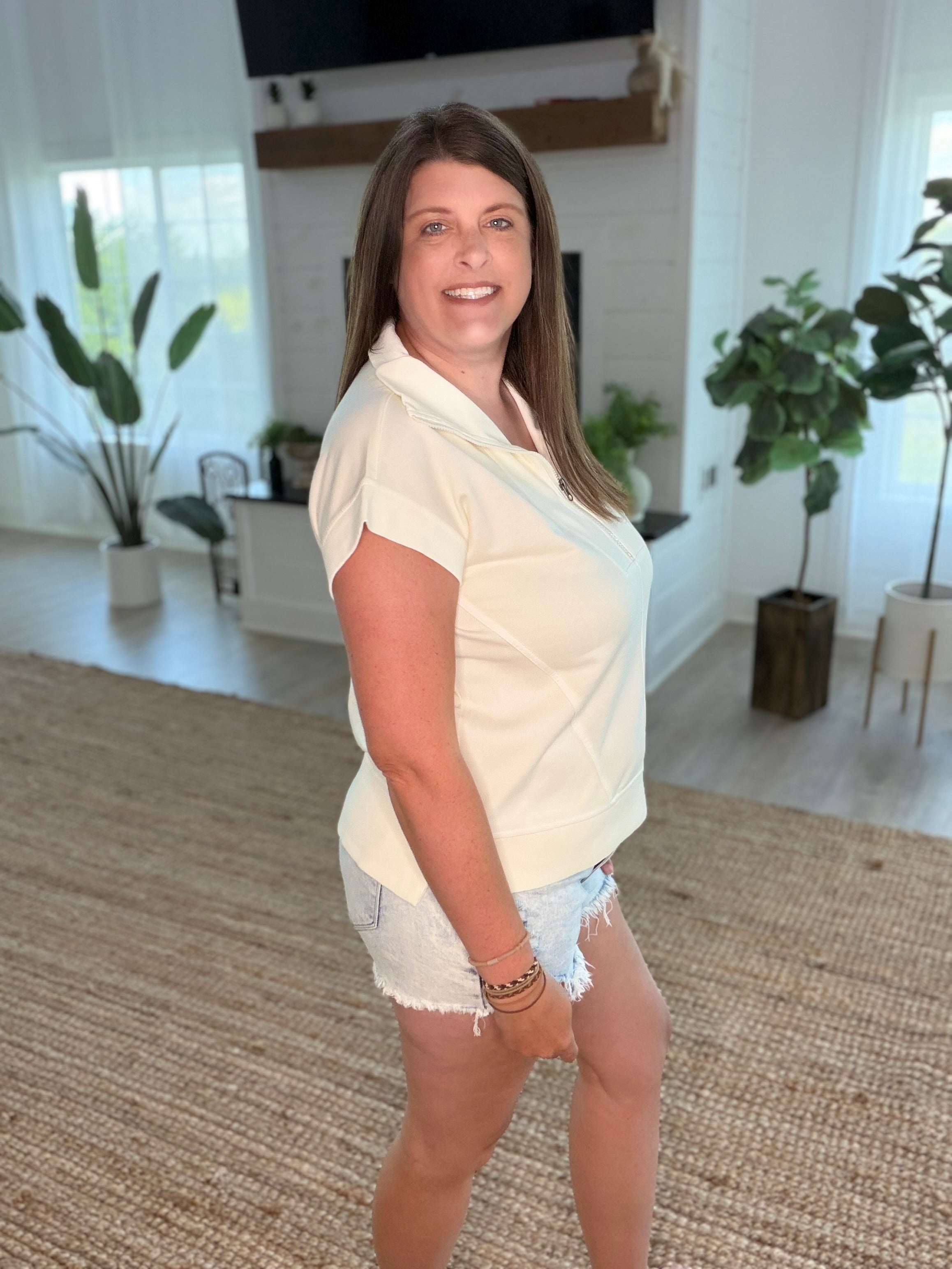 Cream Washed Half Zip Ribbed Detail Sleeveless Top