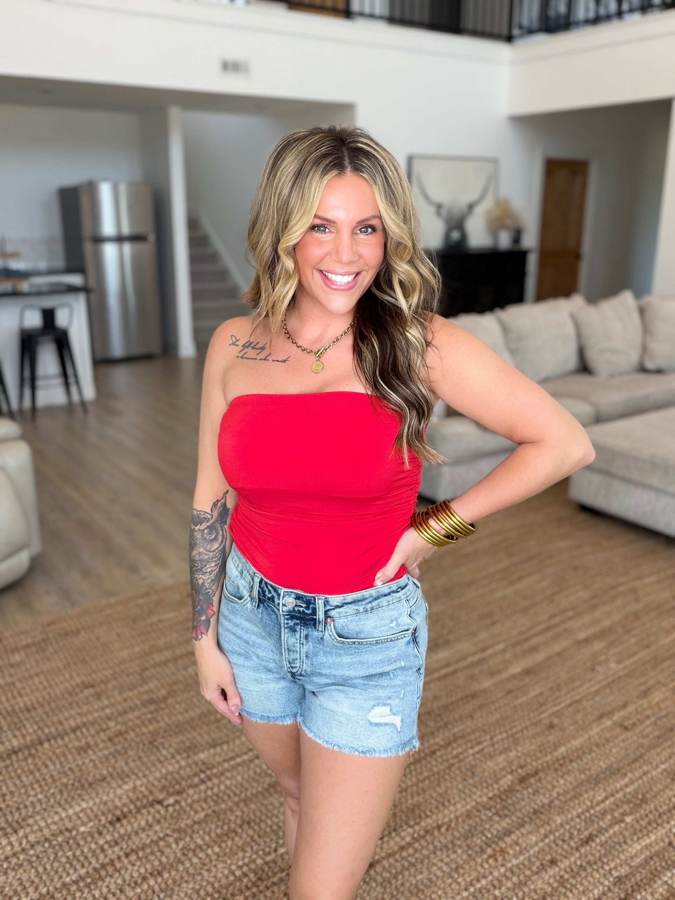 Red Ruched Bandeau Top