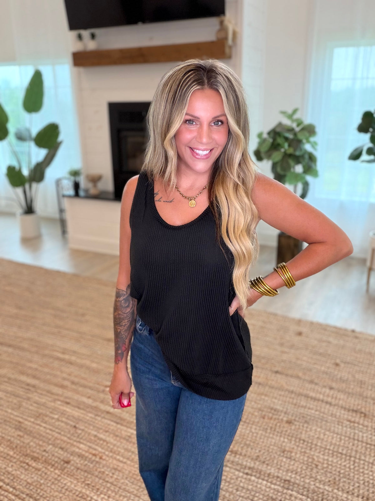 Black Textured Scoop Neck Relaxed Tank