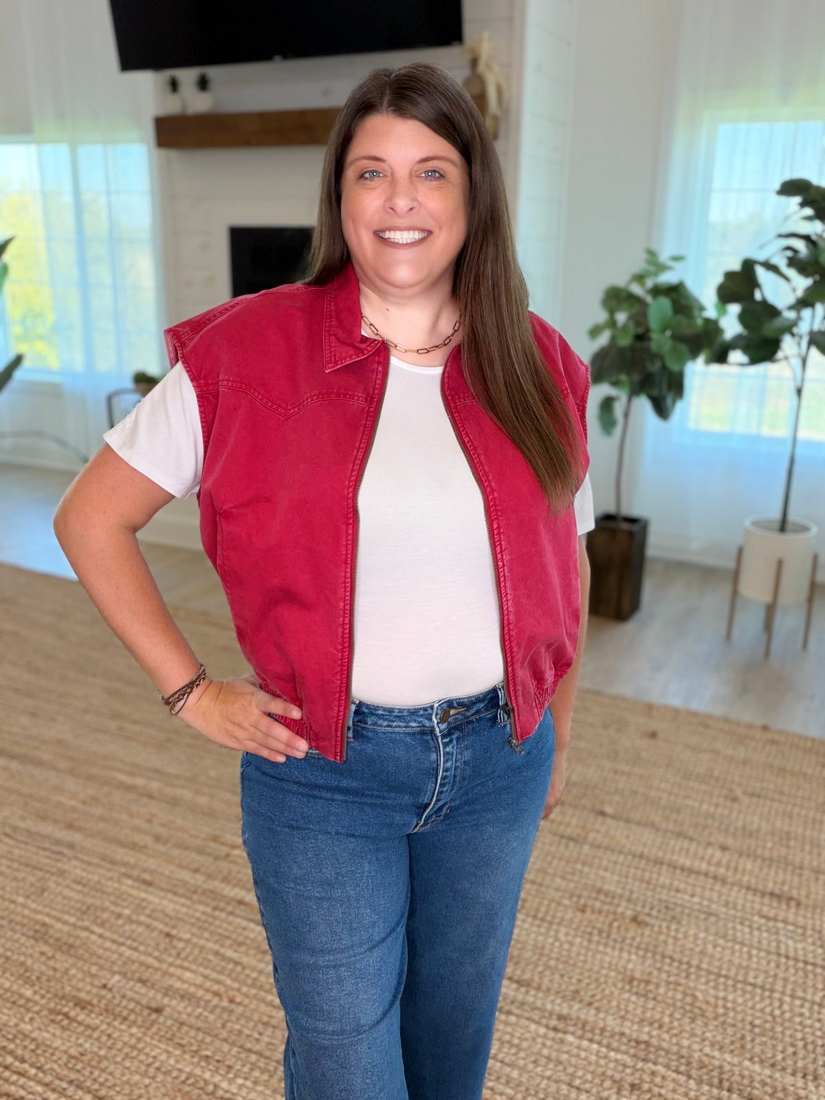 Dark Red Denim Mineral Wash Sleeveless Zip-Up Collar Vest