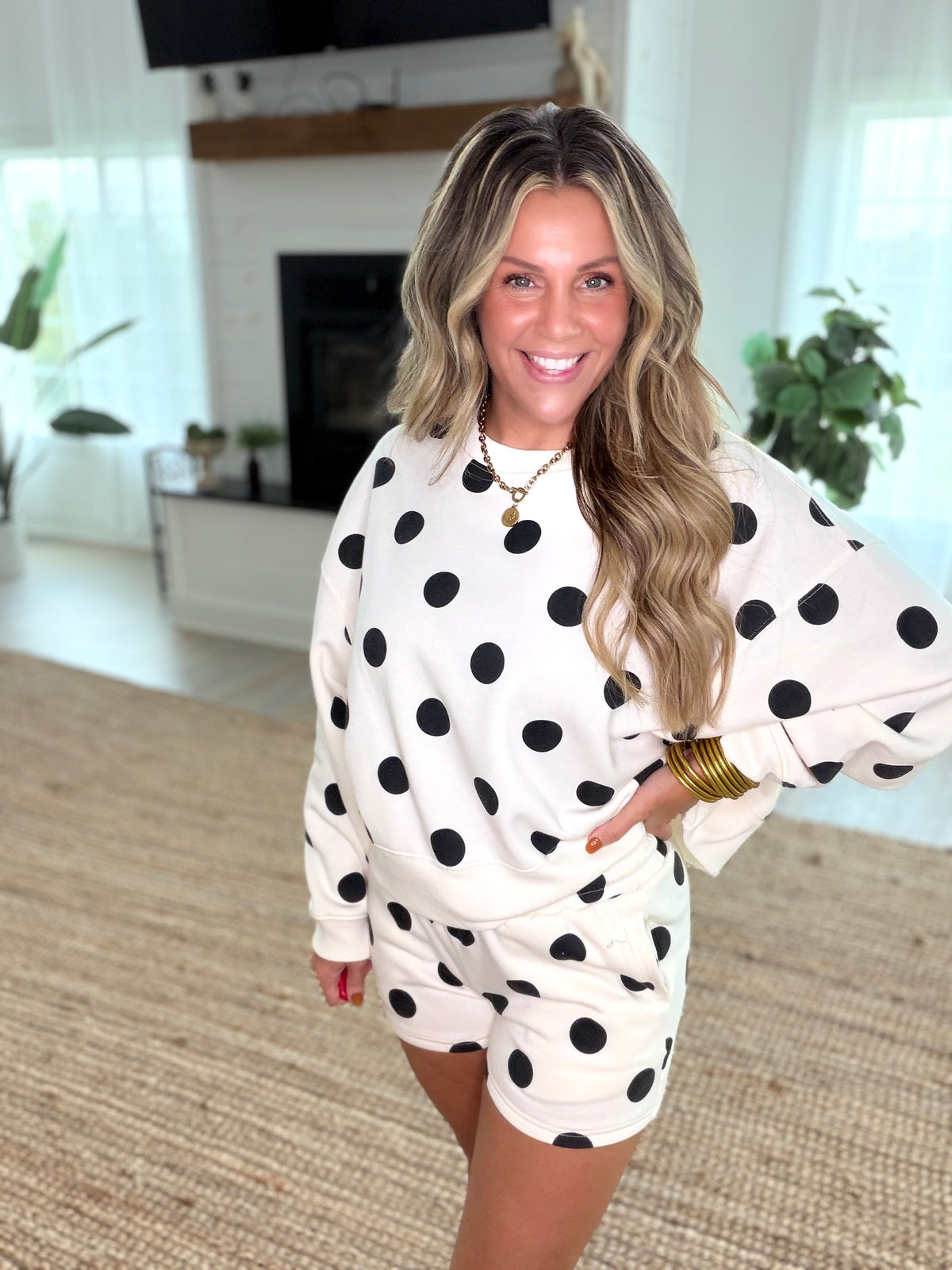 Cream and Black Fleece Polka Dot Print Round Neck Pullover and Shorts Set