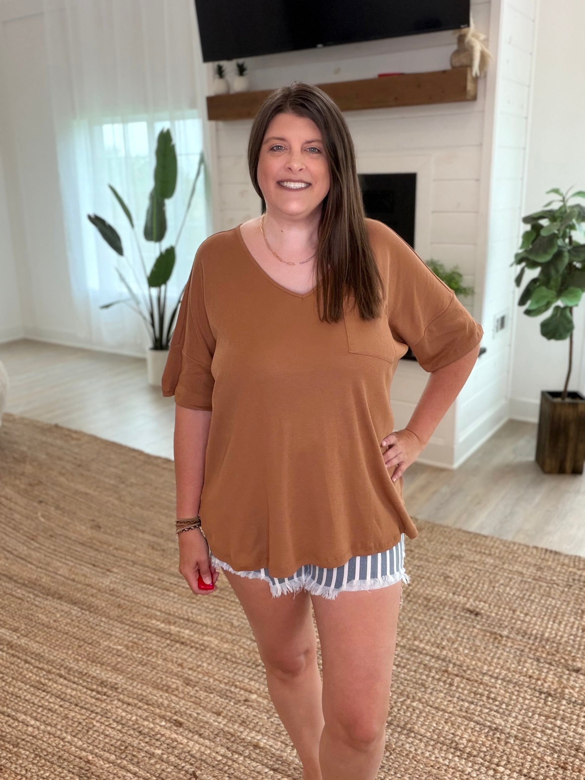 Honey Brown Oversized V-Neck Top