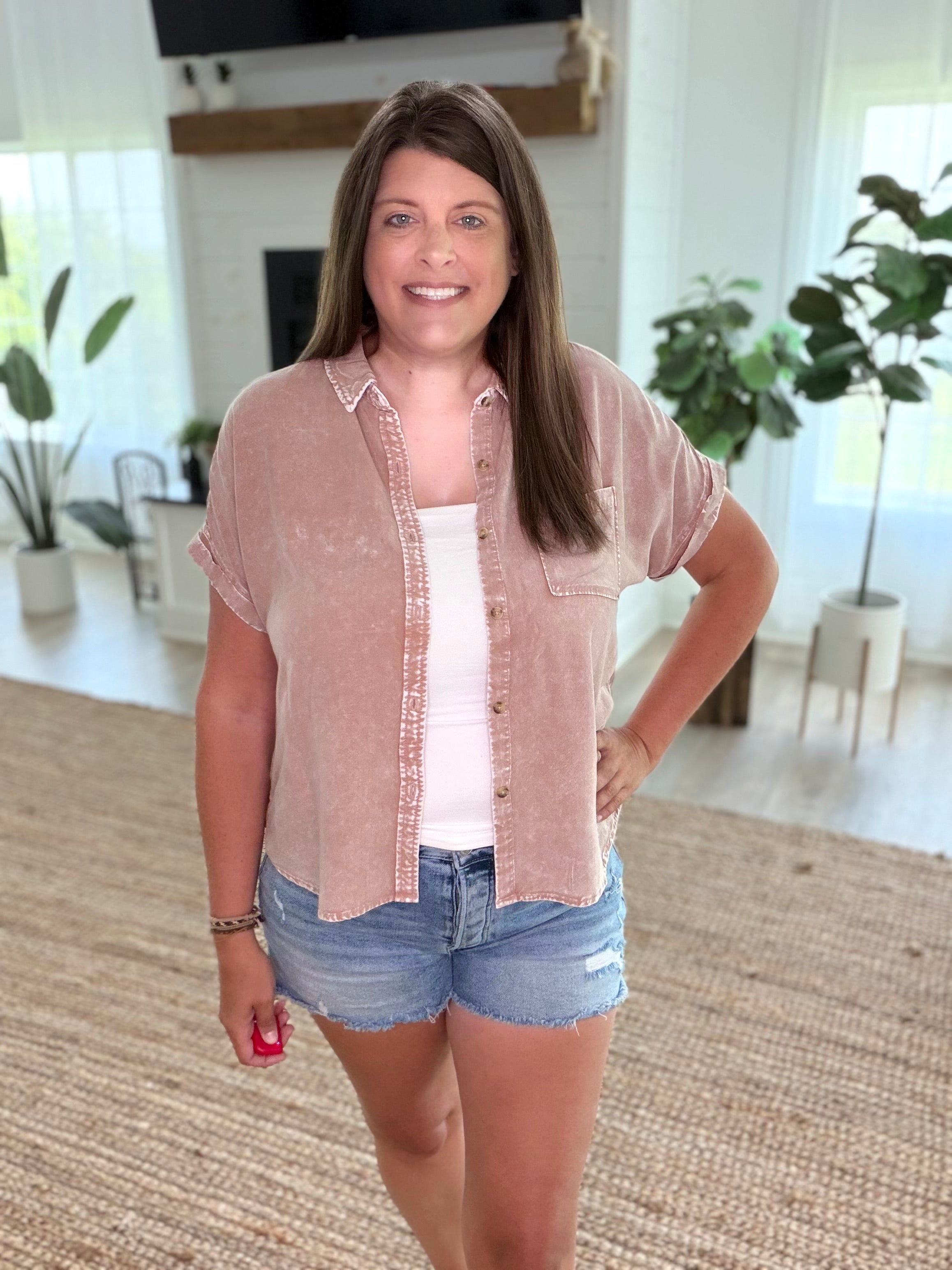 Dark Taupe Mineral Wash Button-Up Dolman Sleeve Shirt