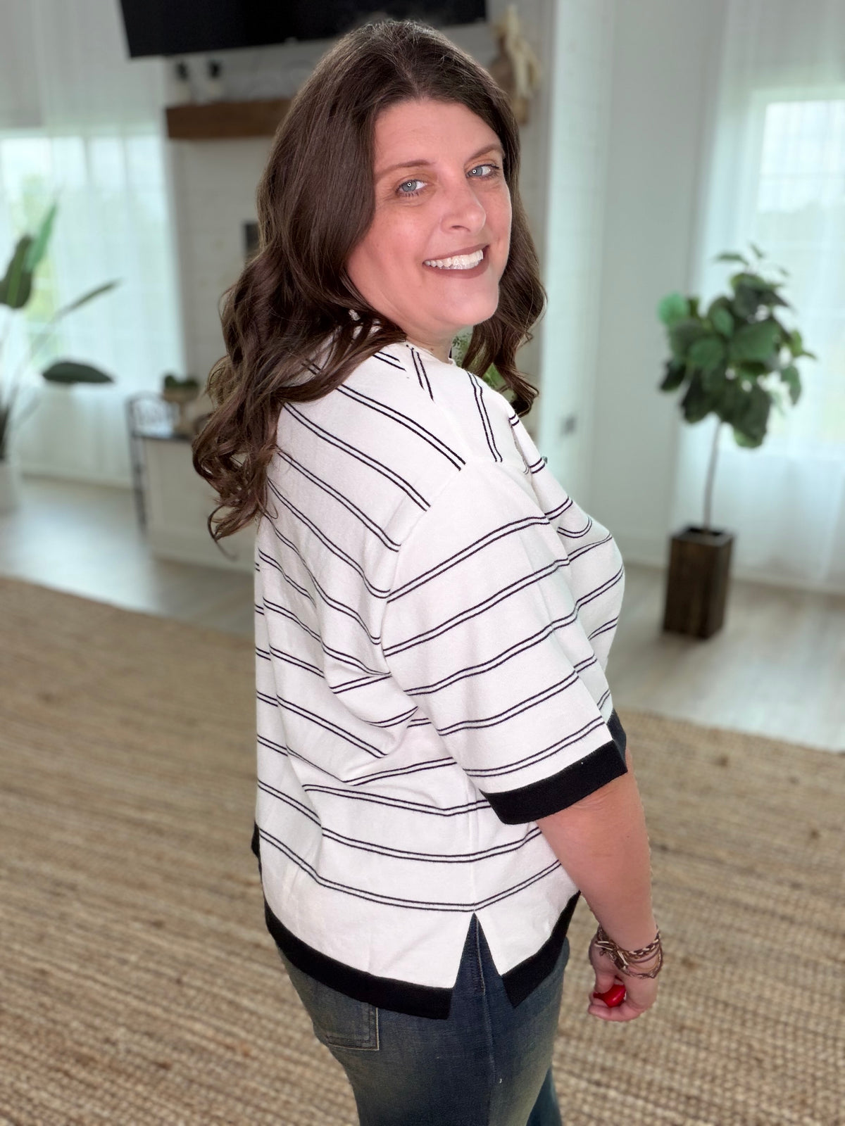 Black Viscose Stripe Short Lightweight Sleeve Sweater