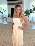 Natural Strapless Lace Detail Midi Dress