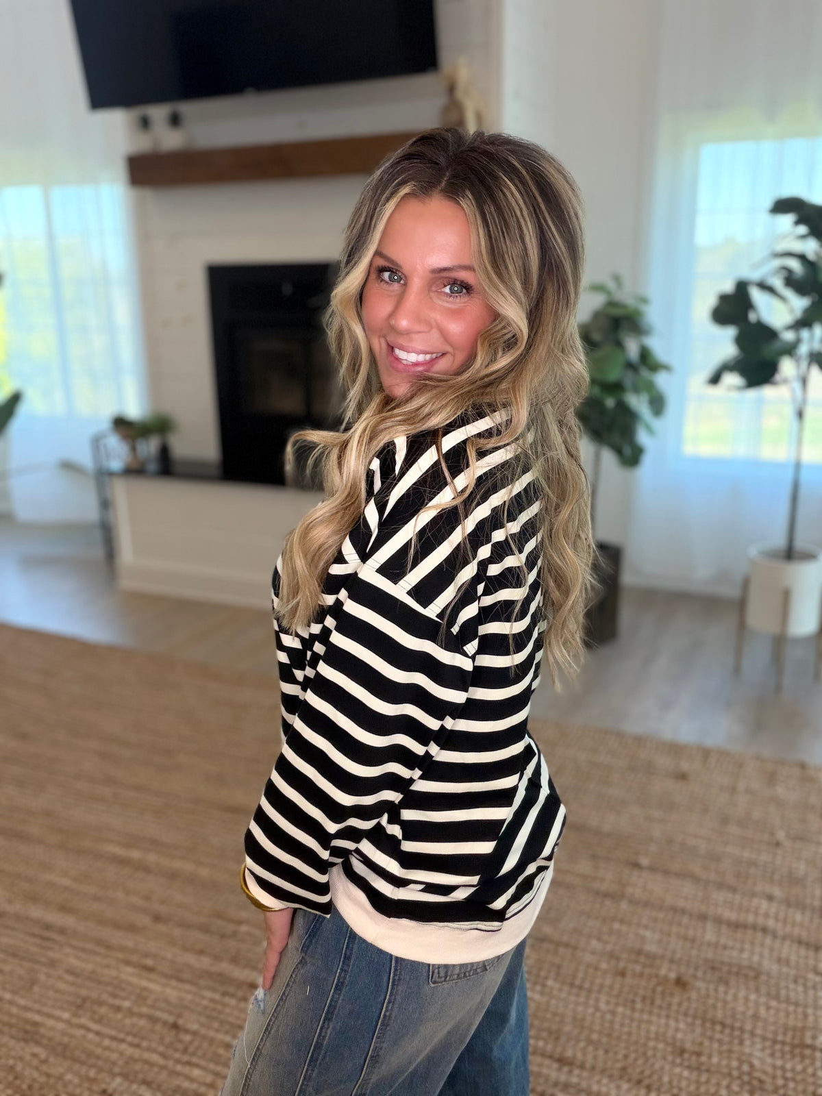 Black and Cream Striped Long Sleeve Pullover