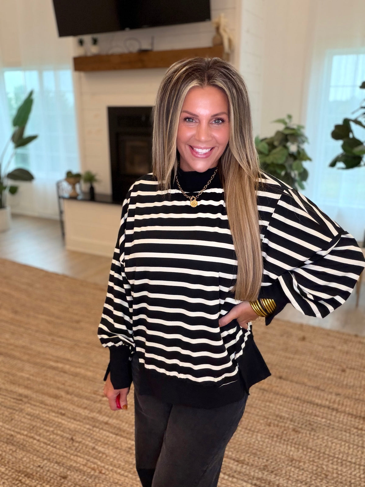 Black and Cream Striped Mock Neck Top