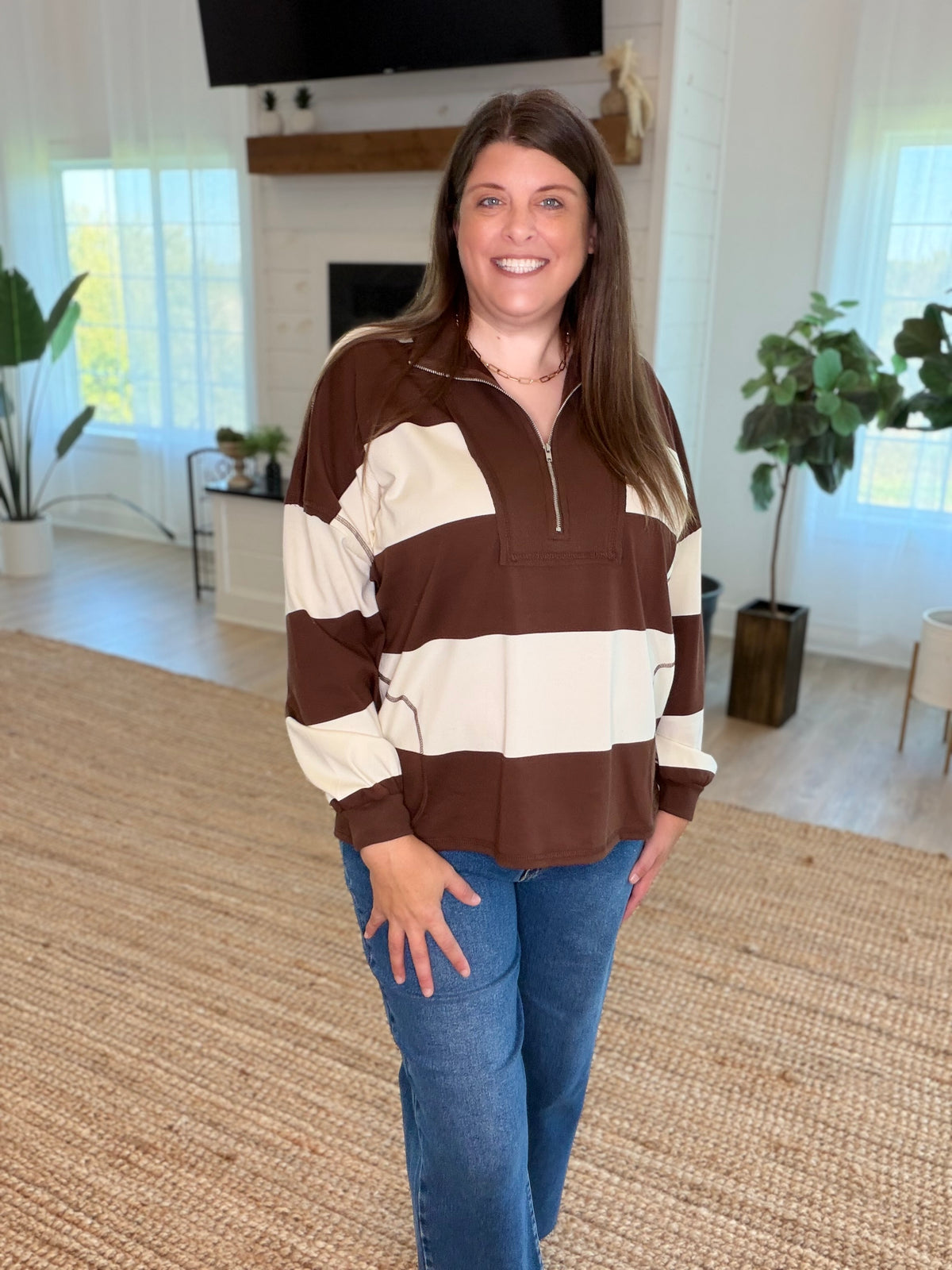 Brown Wide Stripe Half Zip Top