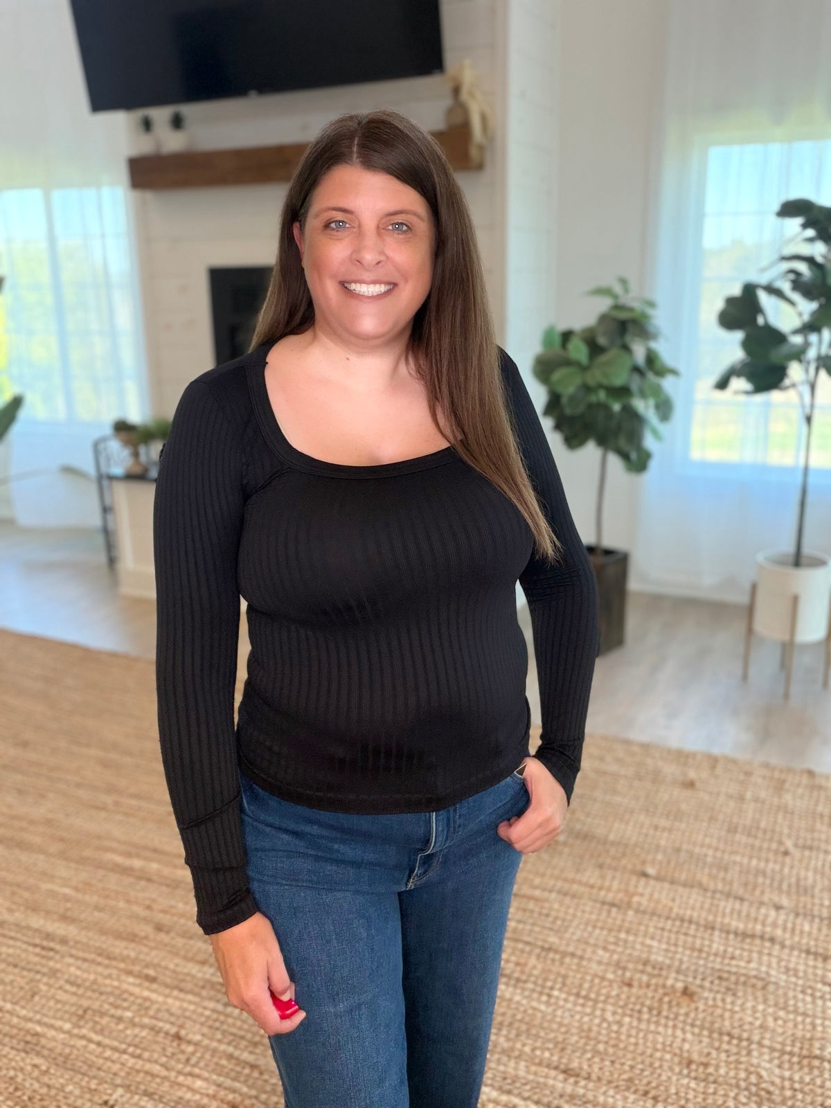 Nikibiki Black Wide Ribbed Square Neck LS Top