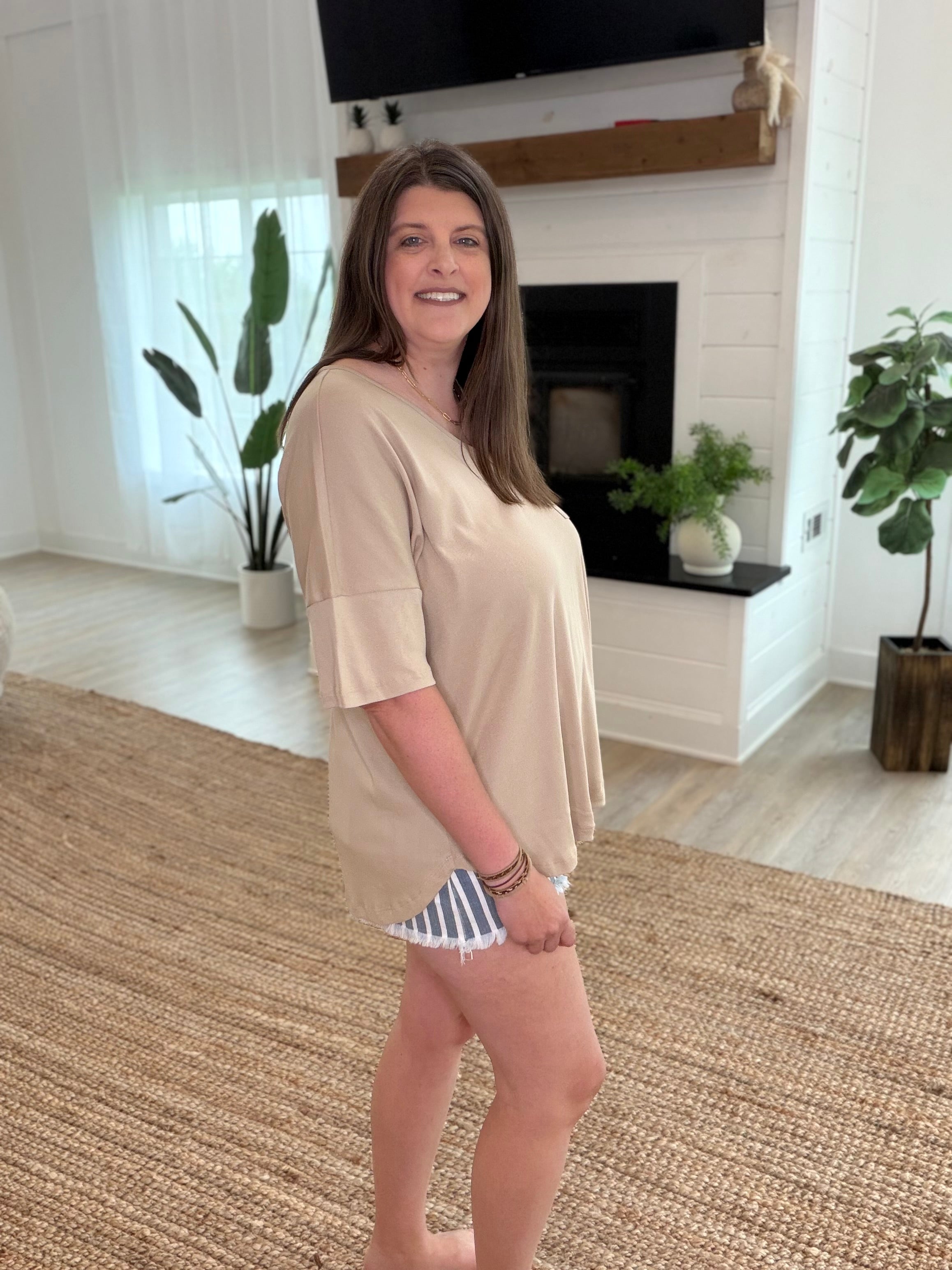 Khaki Oversized V-Neck Top